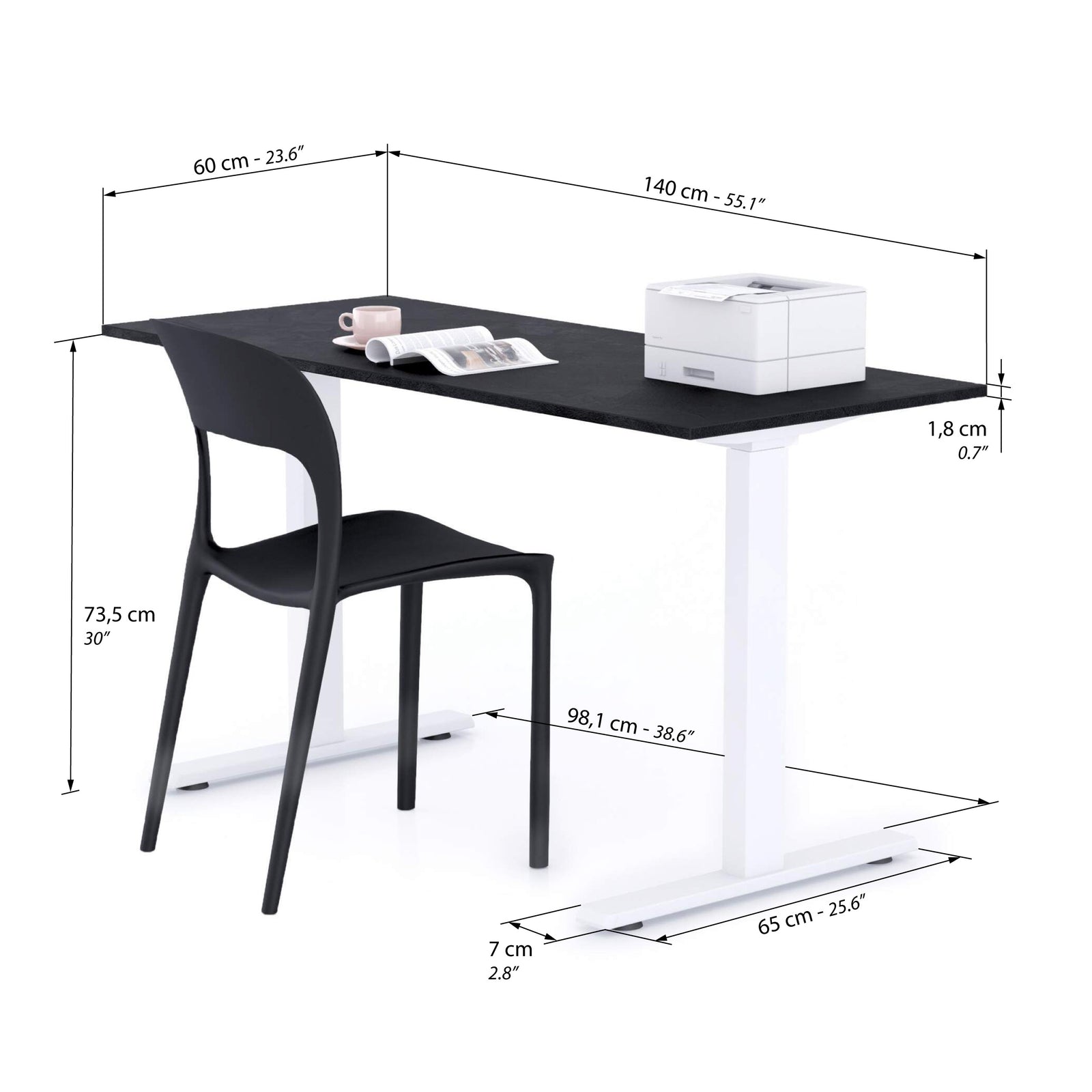 Clara Fixed Height Desk 140x60 Concrete Effect, Black with White Legs - Immagine tecnica 1