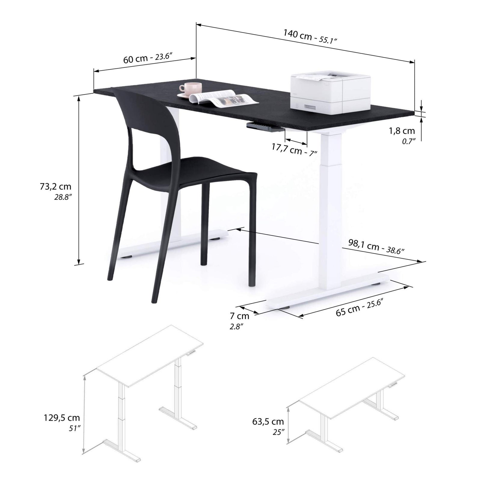 Bureau assis/debout Clara 140x60 Noir Béton avec pieds blancs - Immagine tecnica 1