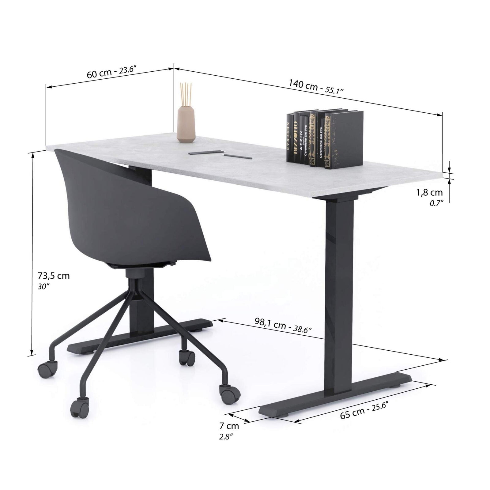 Scrivania Fissa Clara 140x60 Grigio Cemento con Gambe Nere - Immagine tecnica 1