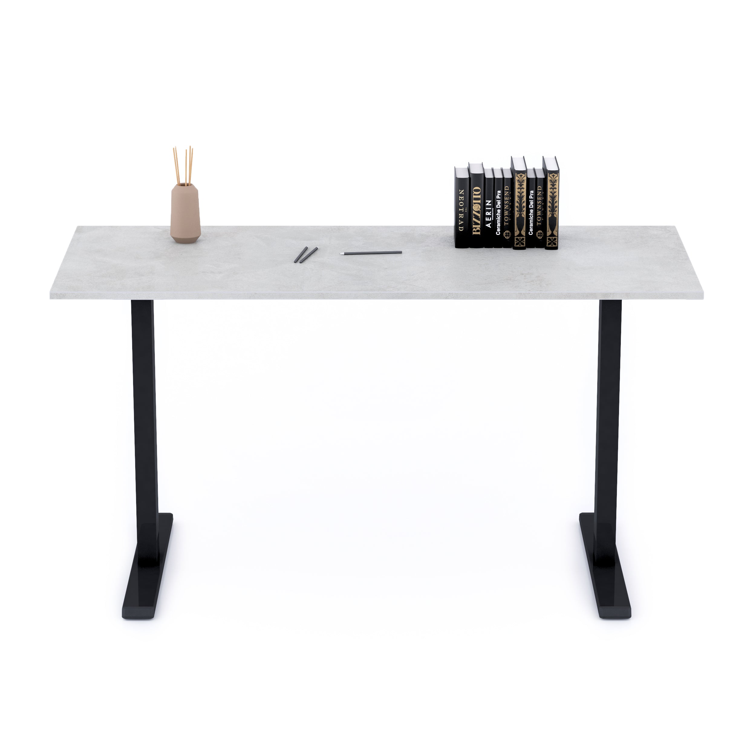 Bureau Clara 140x60, Gris Béton, avec Pieds Fixes Noirs