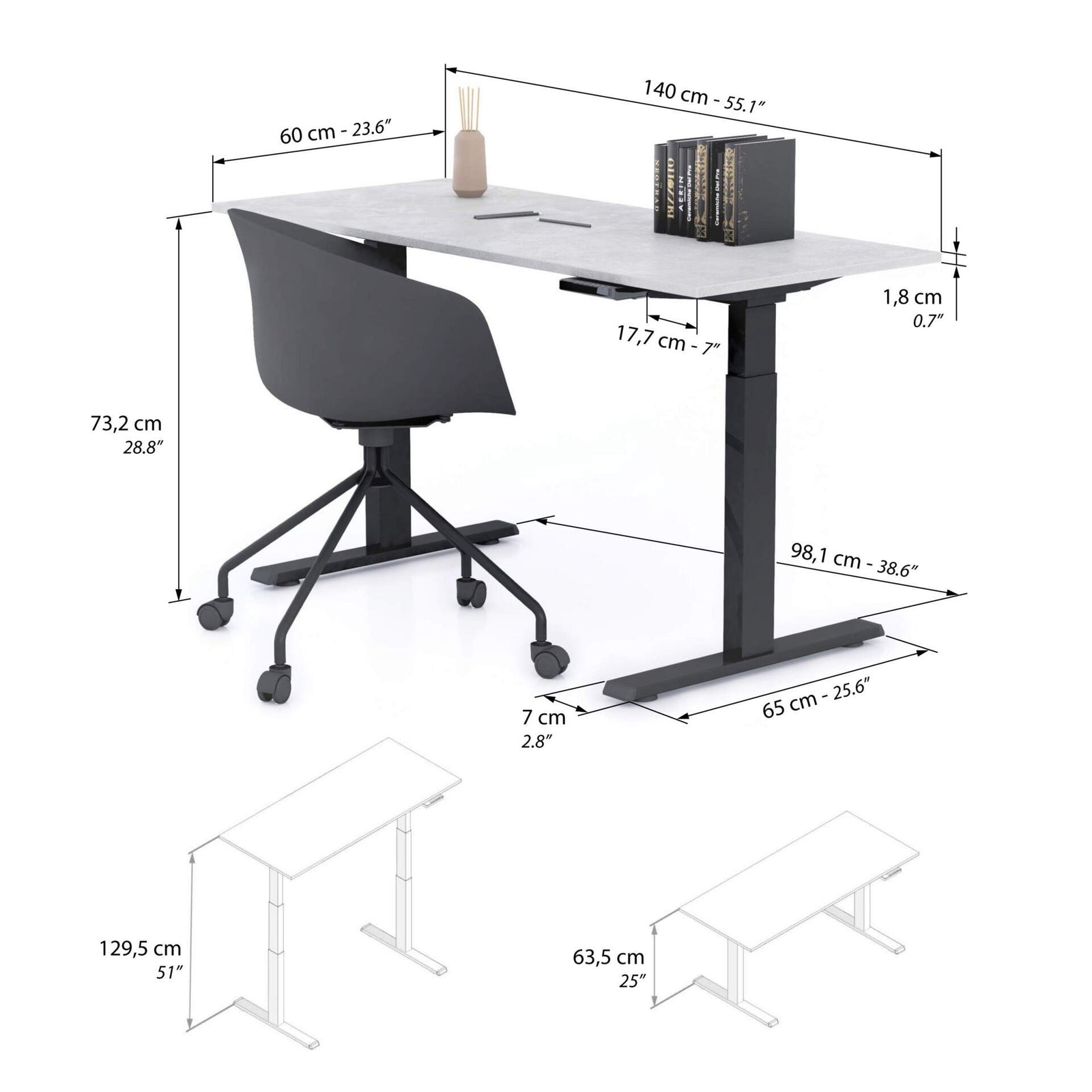 Bureau assis/debout Clara 140x60 Gris Béton avec pieds noirs - Immagine tecnica 1