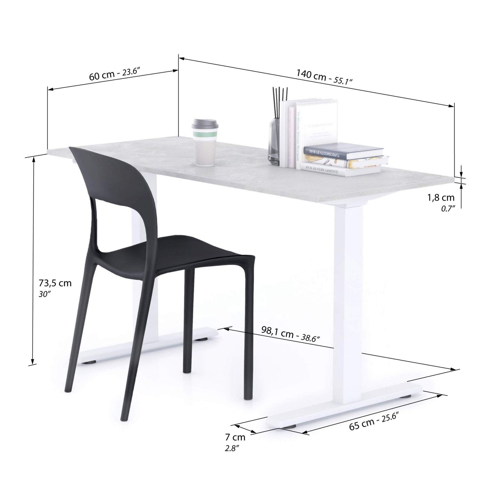 Bureau Clara 140x60, Gris Béton, avec Pieds Fixes Blancs - Immagine tecnica 1