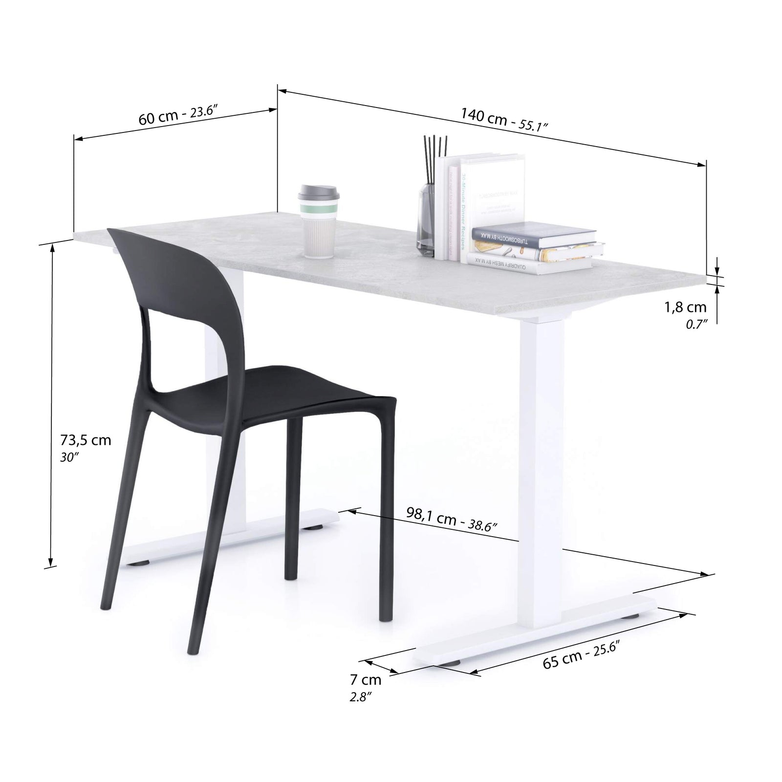 Escritorio Clara 140x60 cemento gris con patas blancas - Immagine tecnica 1