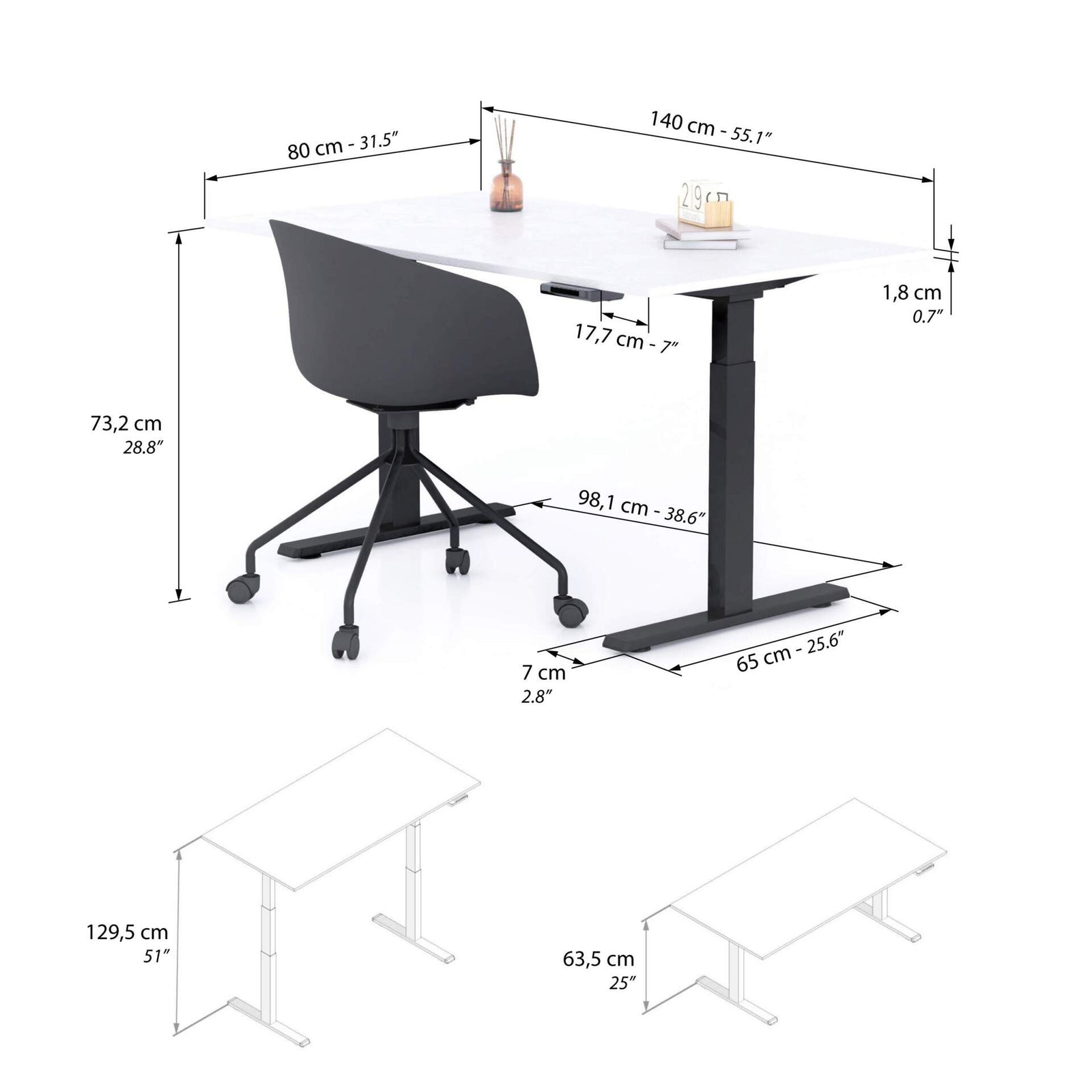 Scrivania Regolabile Clara 140x80 Bianco Cemento con Gambe Nere - Immagine tecnica 1