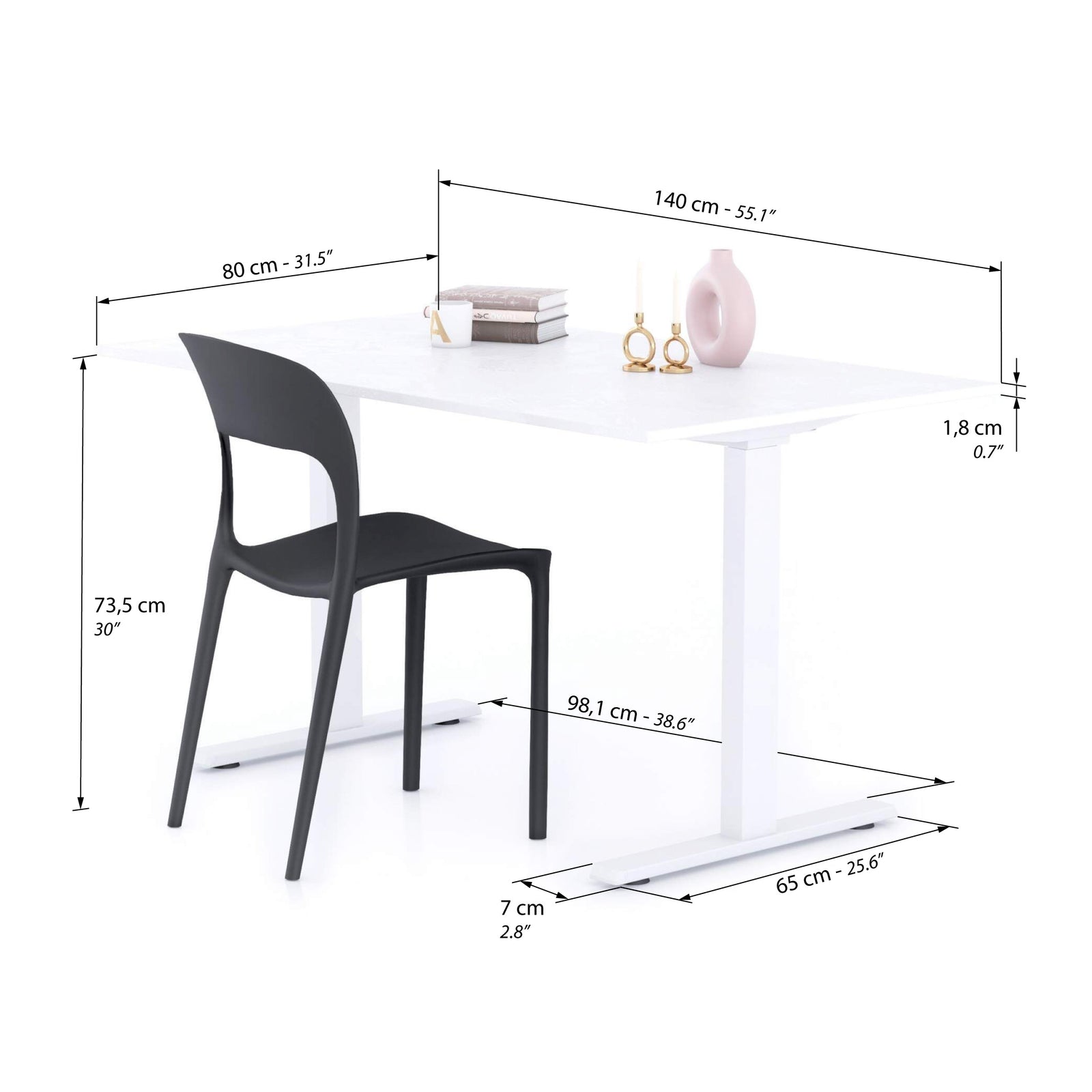 Scrivania Fissa Clara 140x80 Bianco Cemento con Gambe Bianche - Immagine tecnica 1