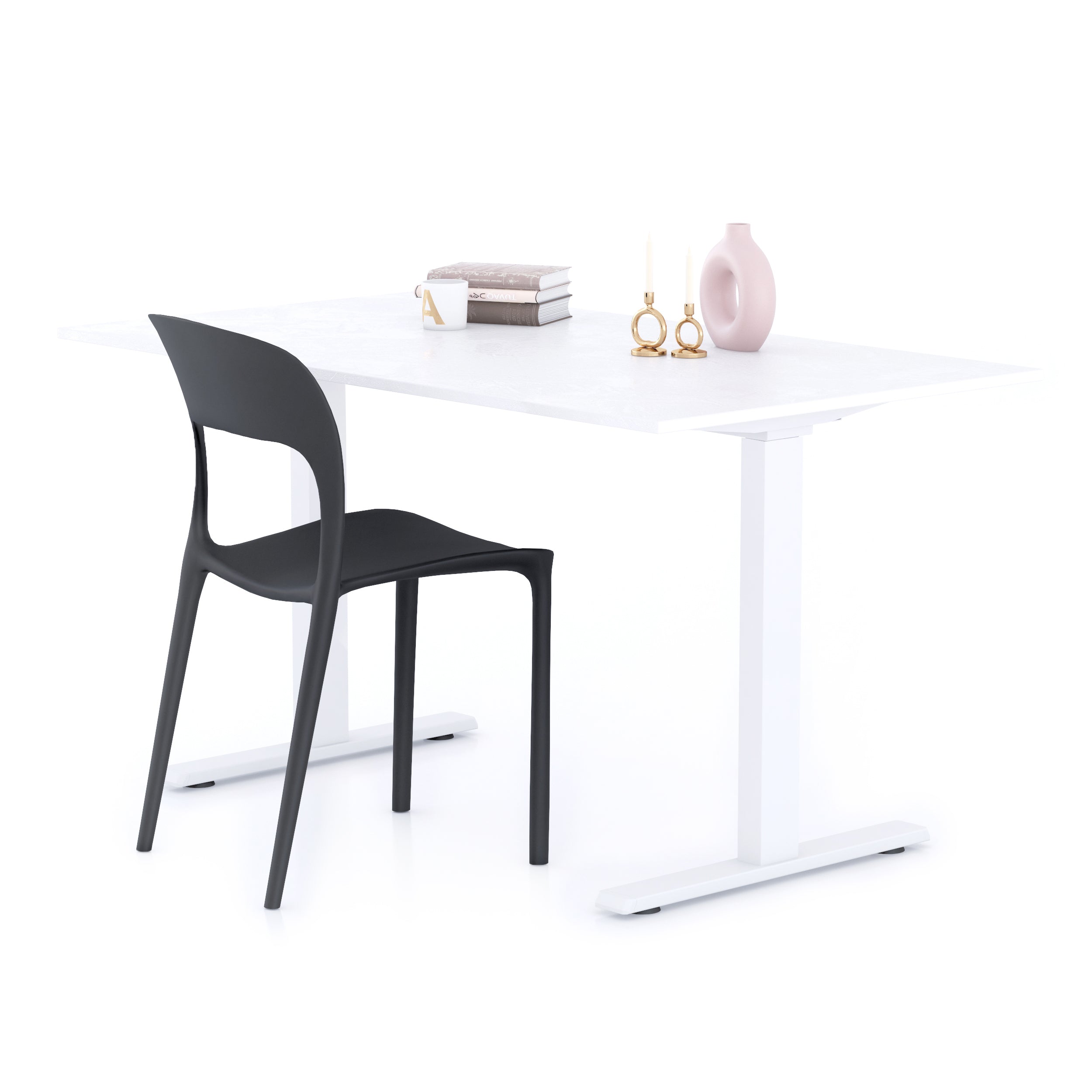 Bureau Clara 140x80, Blanc Béton, avec Pieds Fixes Blancs