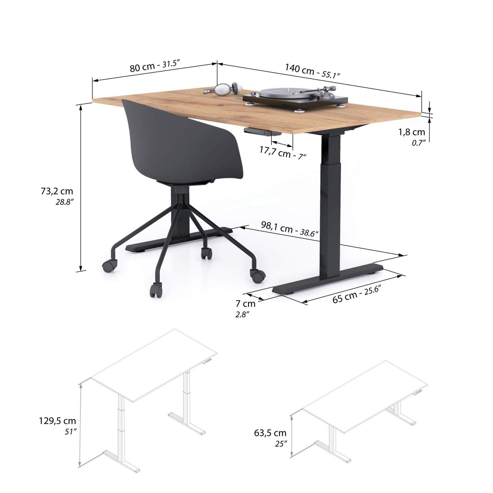 Scrivania Regolabile Clara 140x80 Rovere Rustico con Gambe Nere - Immagine tecnica 1