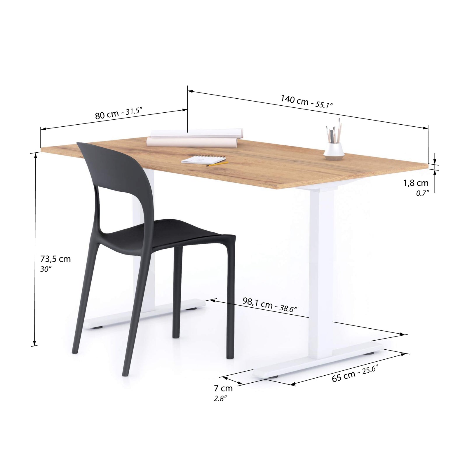 Bureau Clara 140x80, Bois Rustique, avec Pieds Fixes Blancs - Immagine tecnica 1