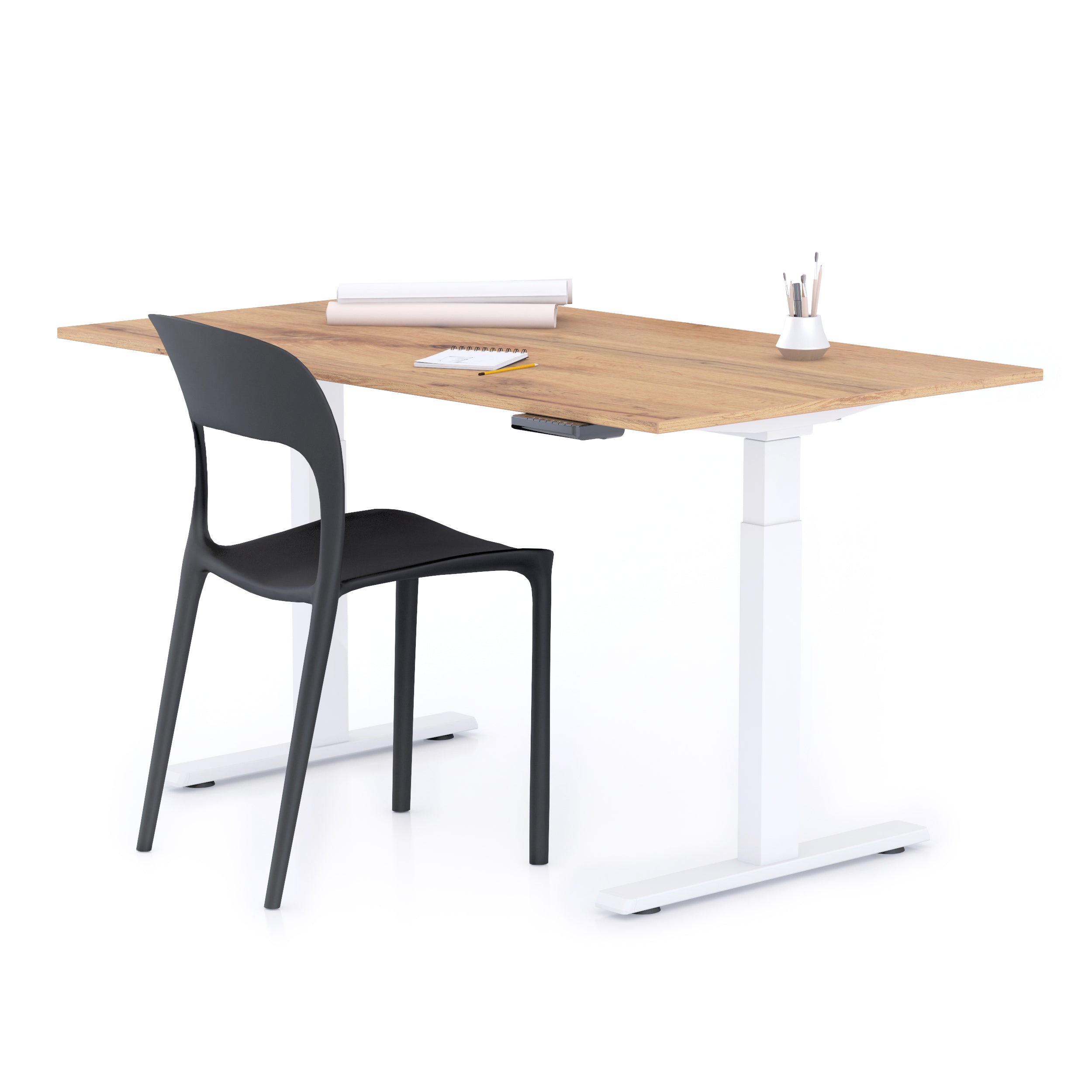Verstellbarer Schreibtisch Clara 140x80 Eiche Rustikal mit weissen Beinen - Main image