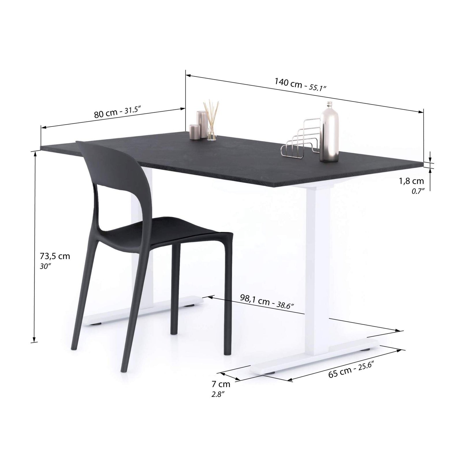 Bureau Clara 140x80, Noir Béton, avec Pieds Fixes Blancs - Immagine tecnica 1