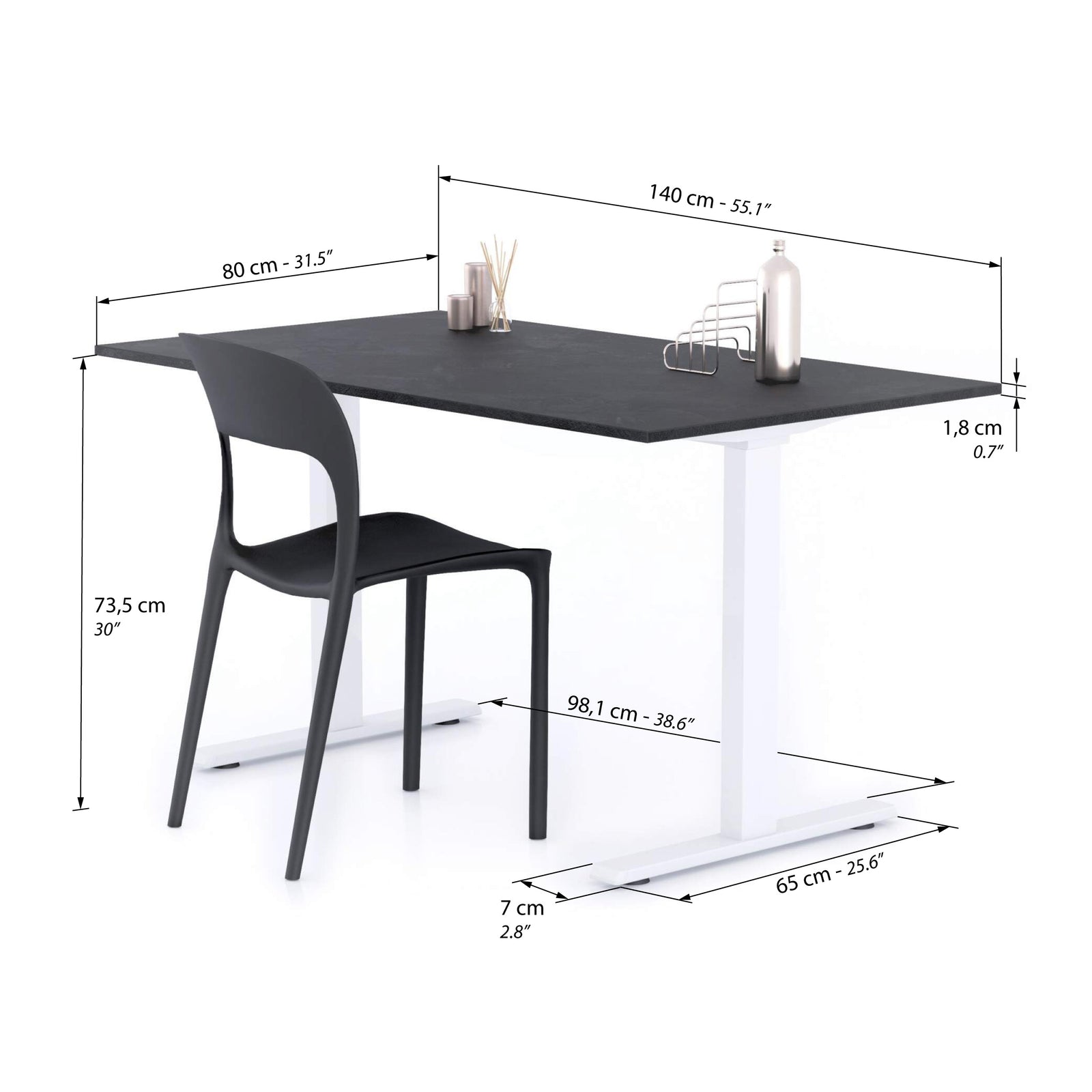 Bureau Clara 140x80, Noir Béton, avec Pieds Fixes Blancs - Immagine tecnica 1