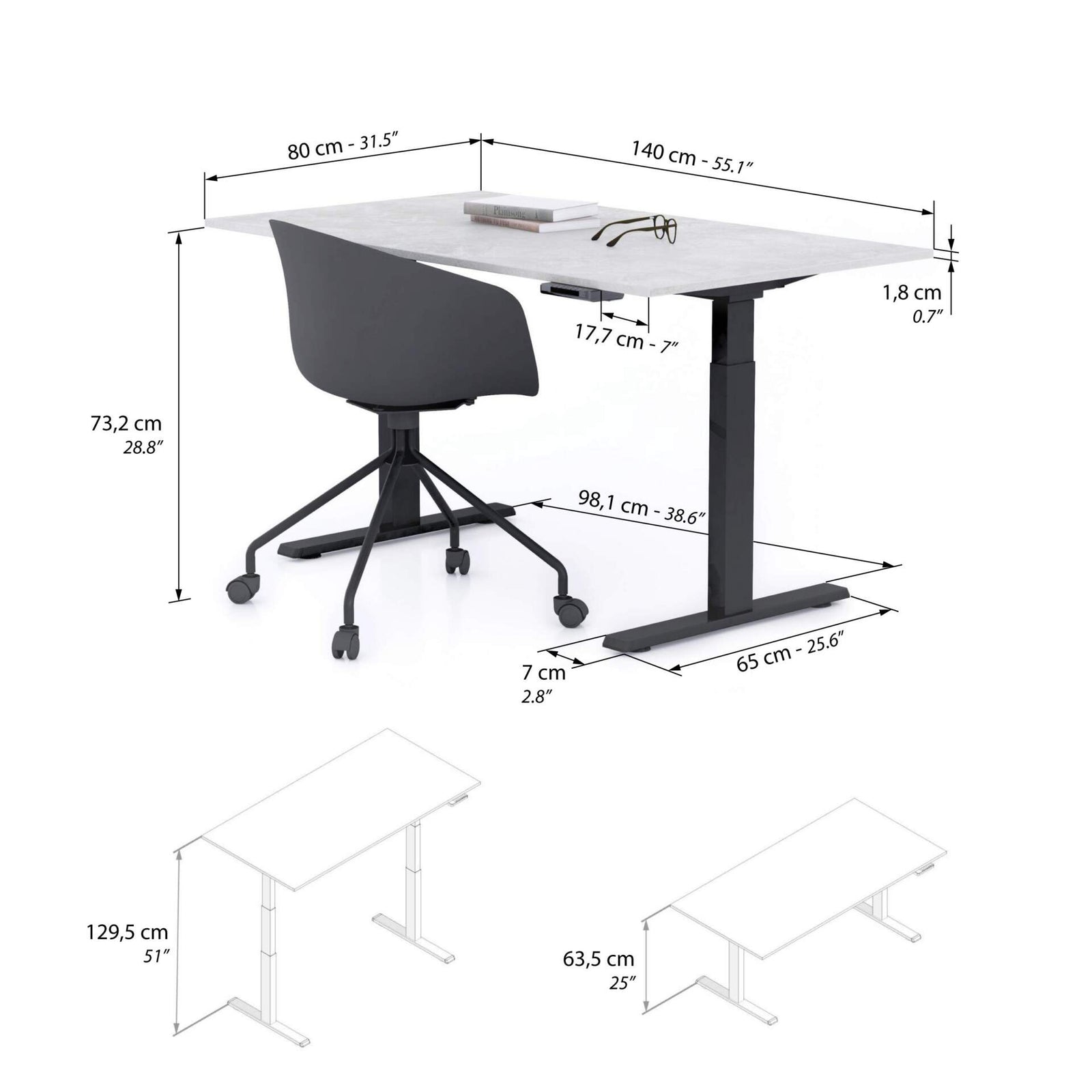 Verstellbarer Schreibtisch Clara 140x80 Grau Beton mit schwarzen Beinen - Immagine tecnica 1