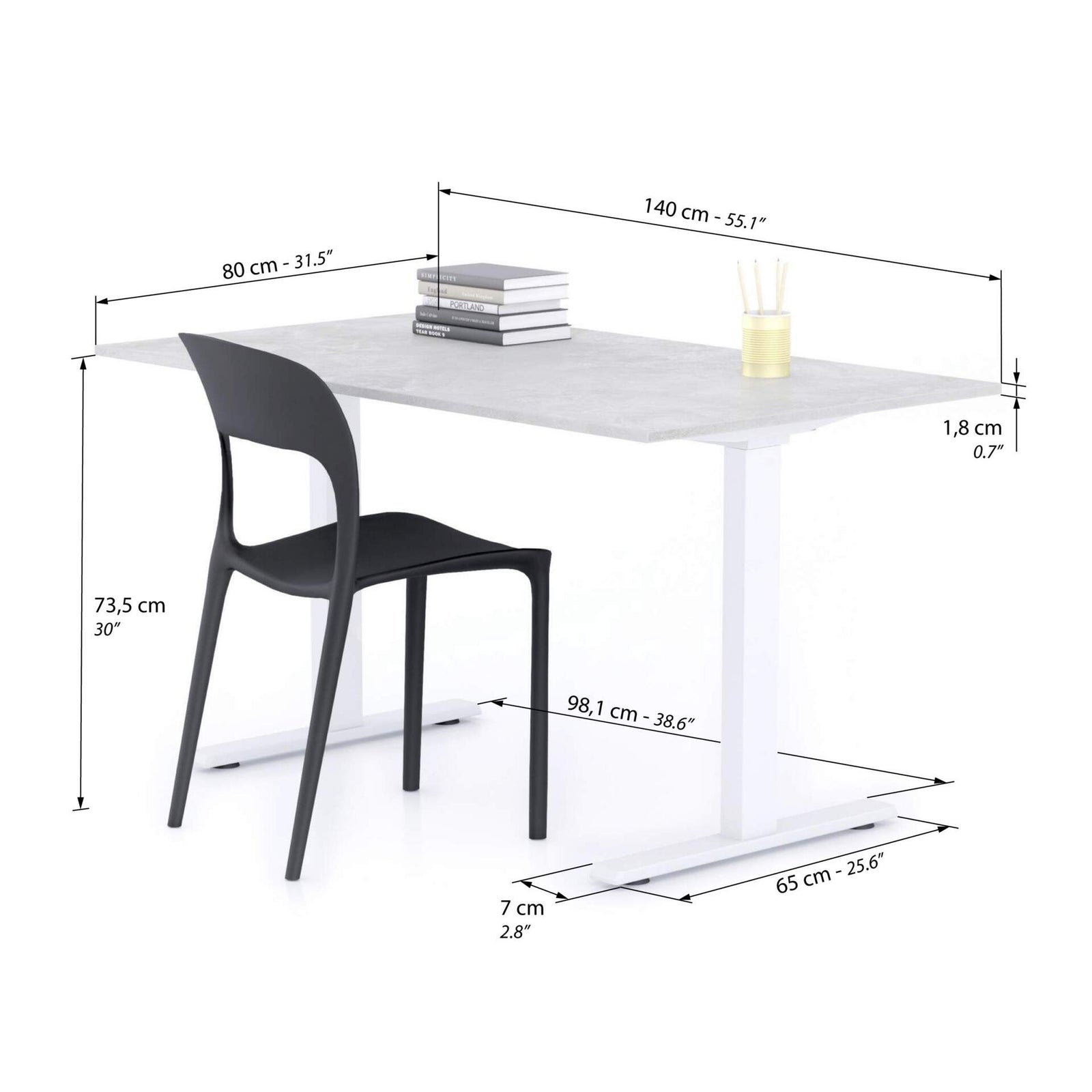 Bureau Clara 140x80, Gris Béton, avec Pieds Fixes Blancs - Immagine tecnica 1