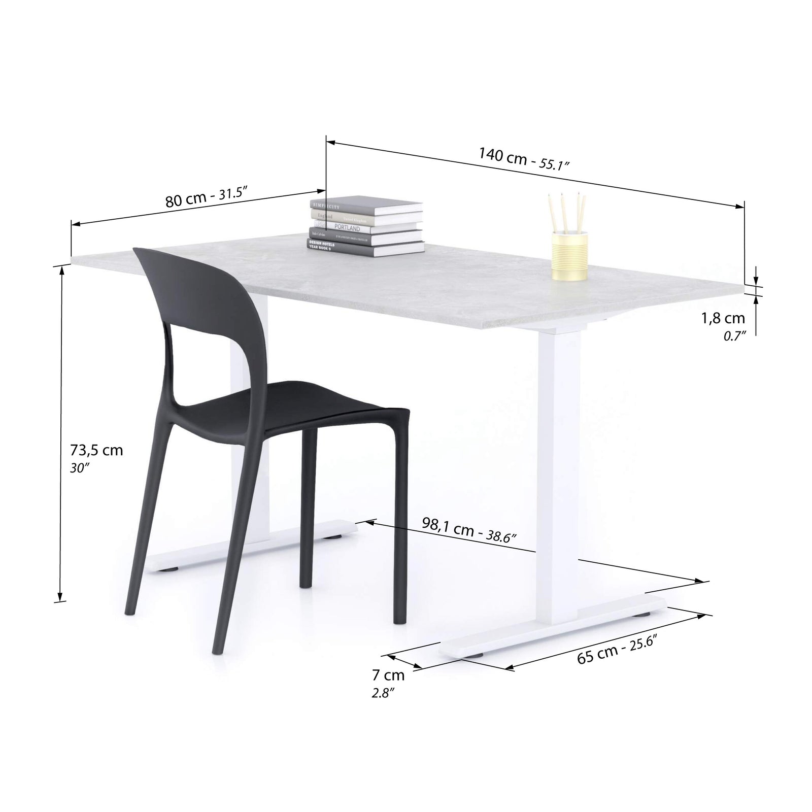Clara Fixed Height Desk 140x80 Concrete Effect, Grey with White Legs - Immagine tecnica 1