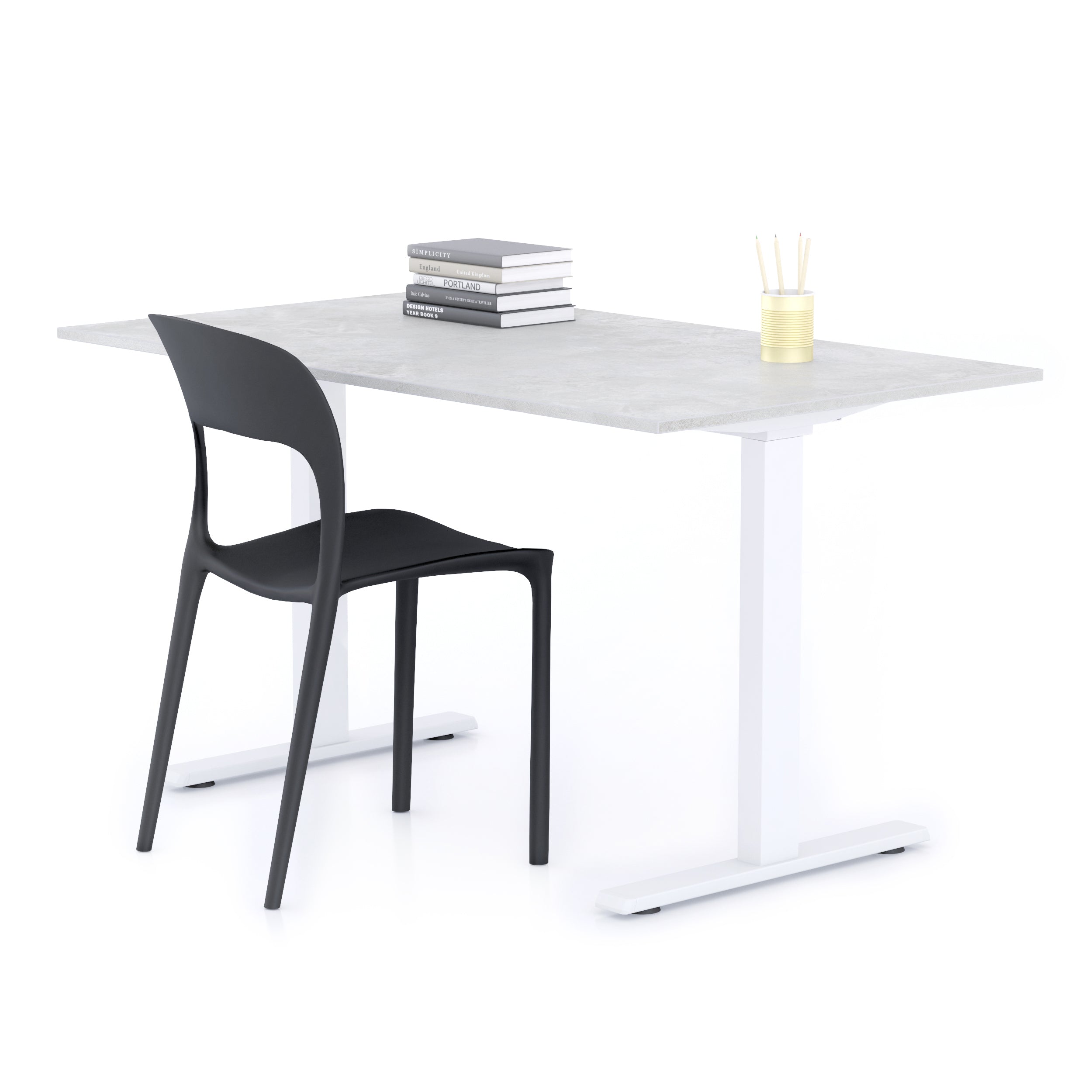 Bureau Clara 140x80, Gris Béton, avec Pieds Fixes Blancs