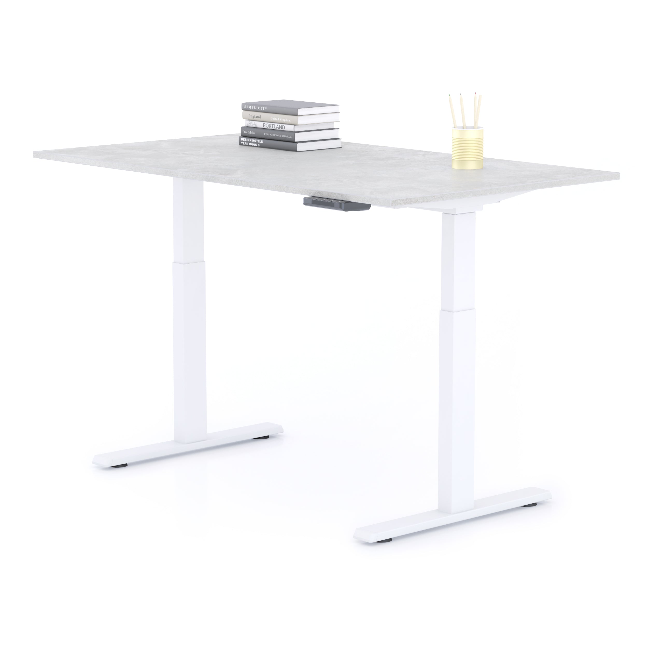 Scrivania Regolabile Clara 140x80 Grigio Cemento con Gambe Bianche - Immagine dettaglio 1