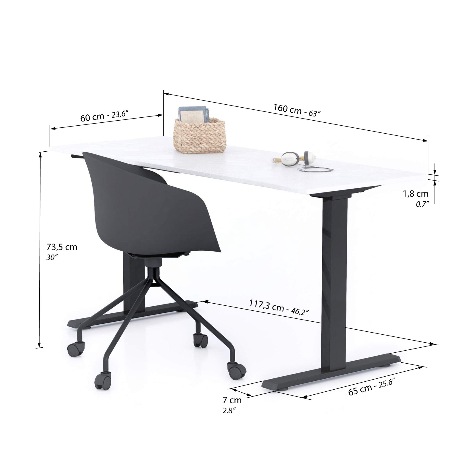 Scrivania Fissa Clara 160x60 Bianco Cemento con Gambe Nere - Immagine tecnica 1