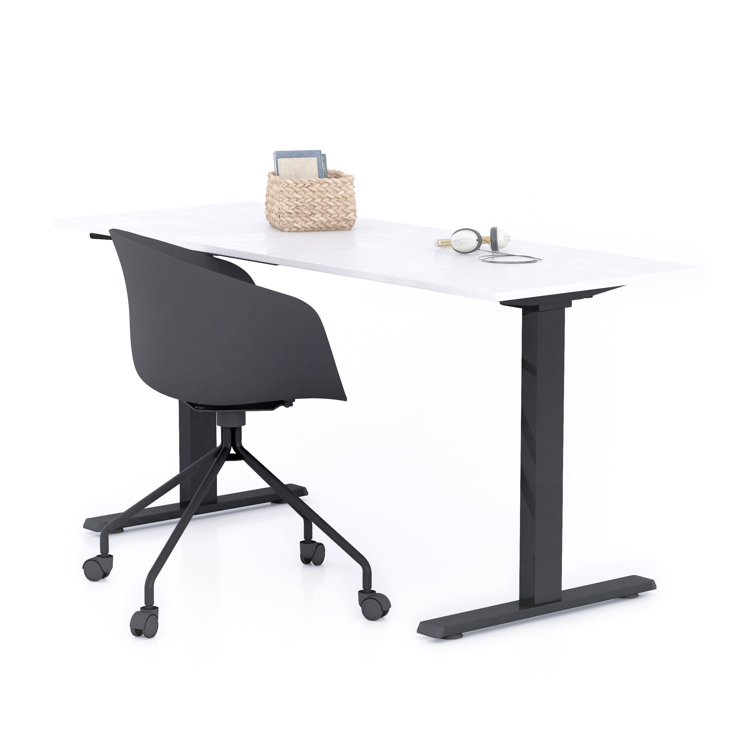 Bureau Clara 160x60, Béton Blanc, avec Pieds Fixes Noirs