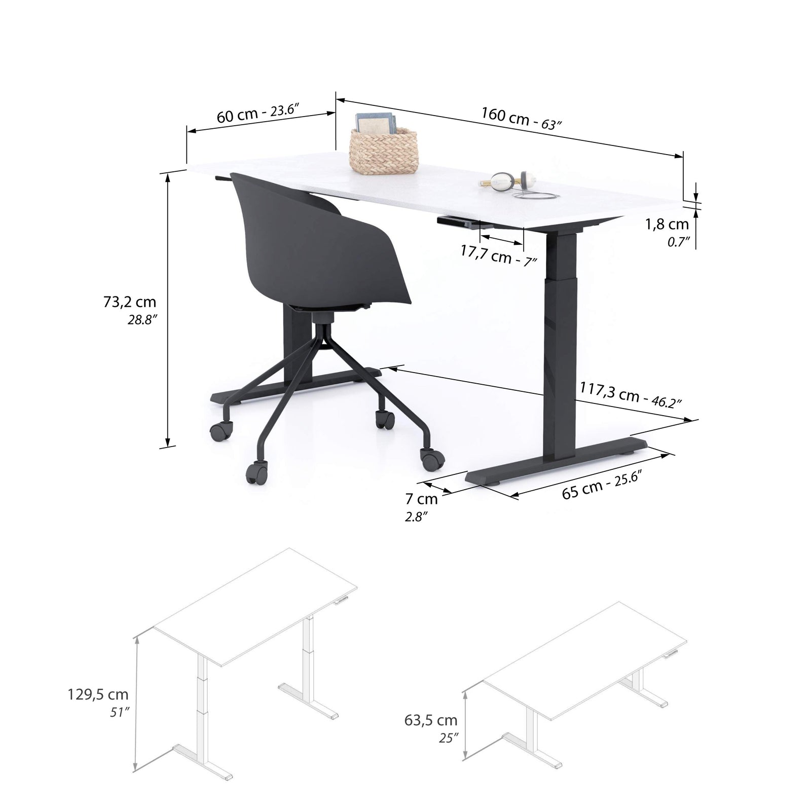 Bureau assis/debout Clara 160x60 Blanc Béton avec pieds noirs - Immagine tecnica 1