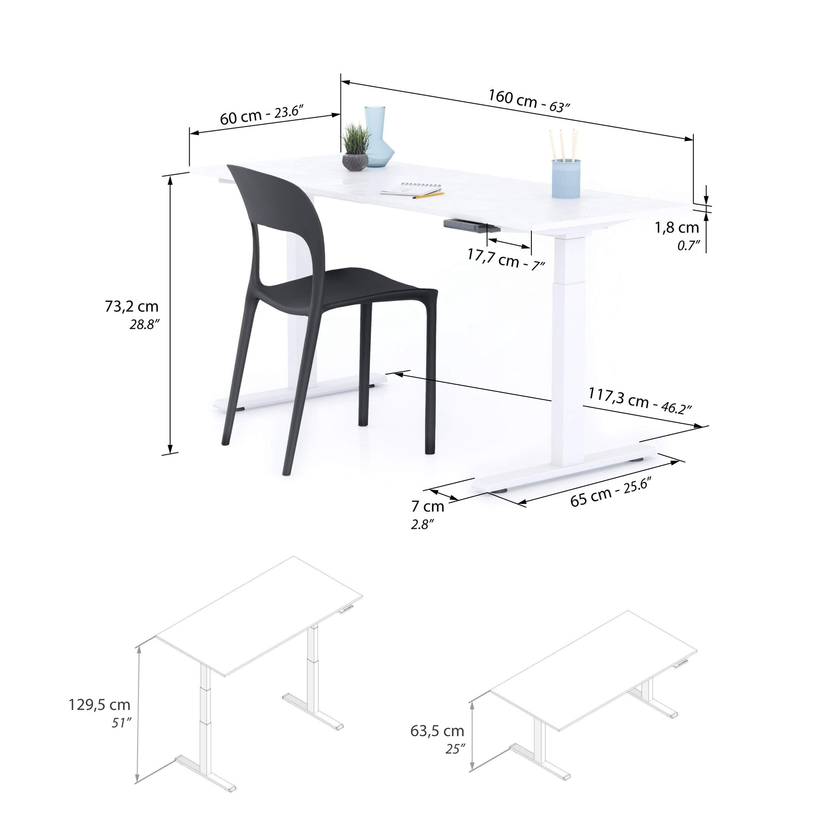 Verstelbaar Bureau Clara 160x60 Wit Beton met Witte Poten - Immagine tecnica 1