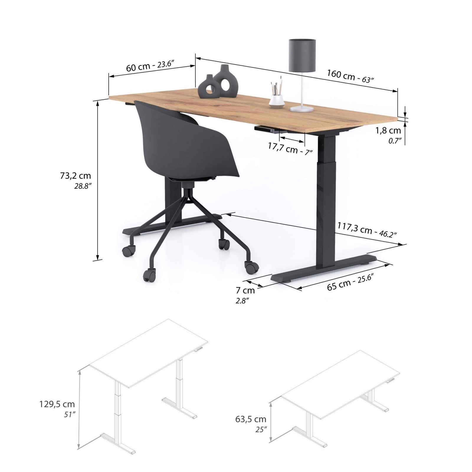 Scrivania Regolabile Clara 160x60 Rovere Rustico con Gambe Nere - Immagine tecnica 1