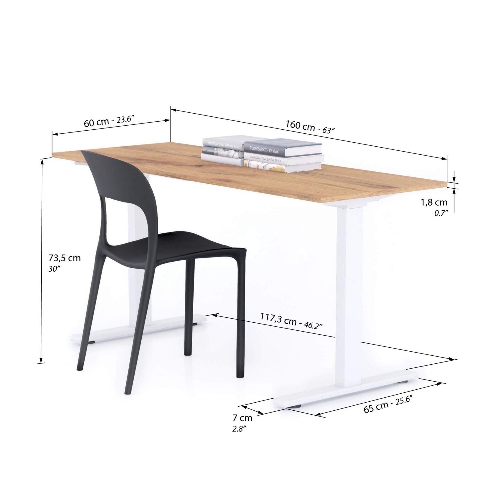 Scrivania Fissa Clara 160x60 Rovere Rustico con Gambe Bianche - Immagine tecnica 1