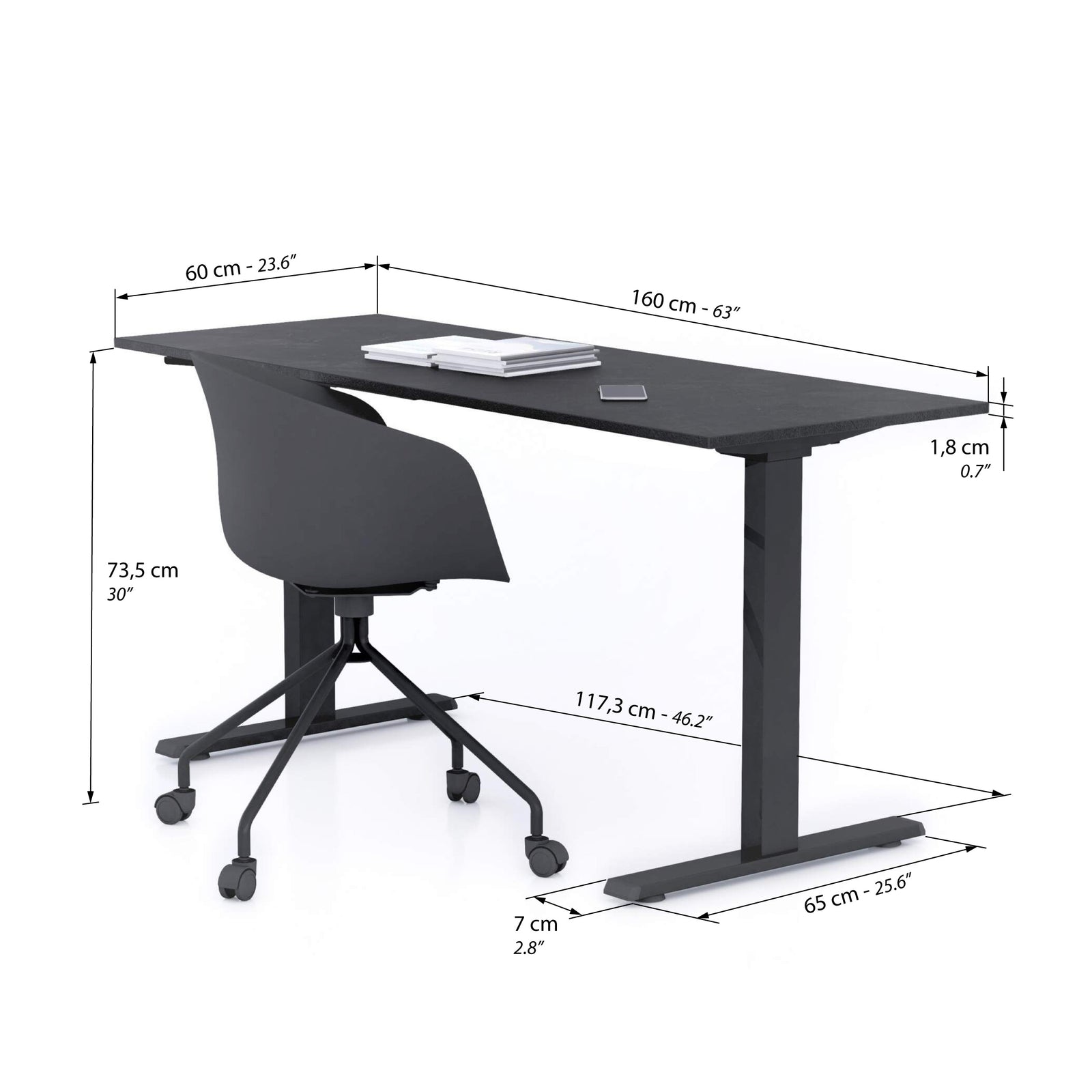 Clara Fixed Height Desk 160x60 Concrete Effect, Black with Black Legs - Immagine tecnica 1