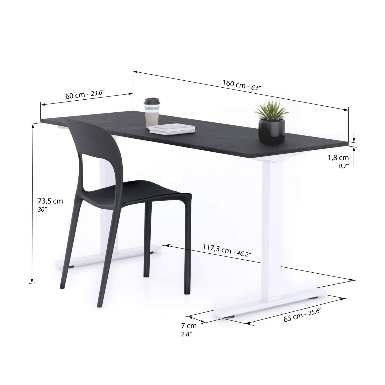Scrivania Fissa Clara 160x60 Nero Cemento con Gambe Bianche - Immagine tecnica 1