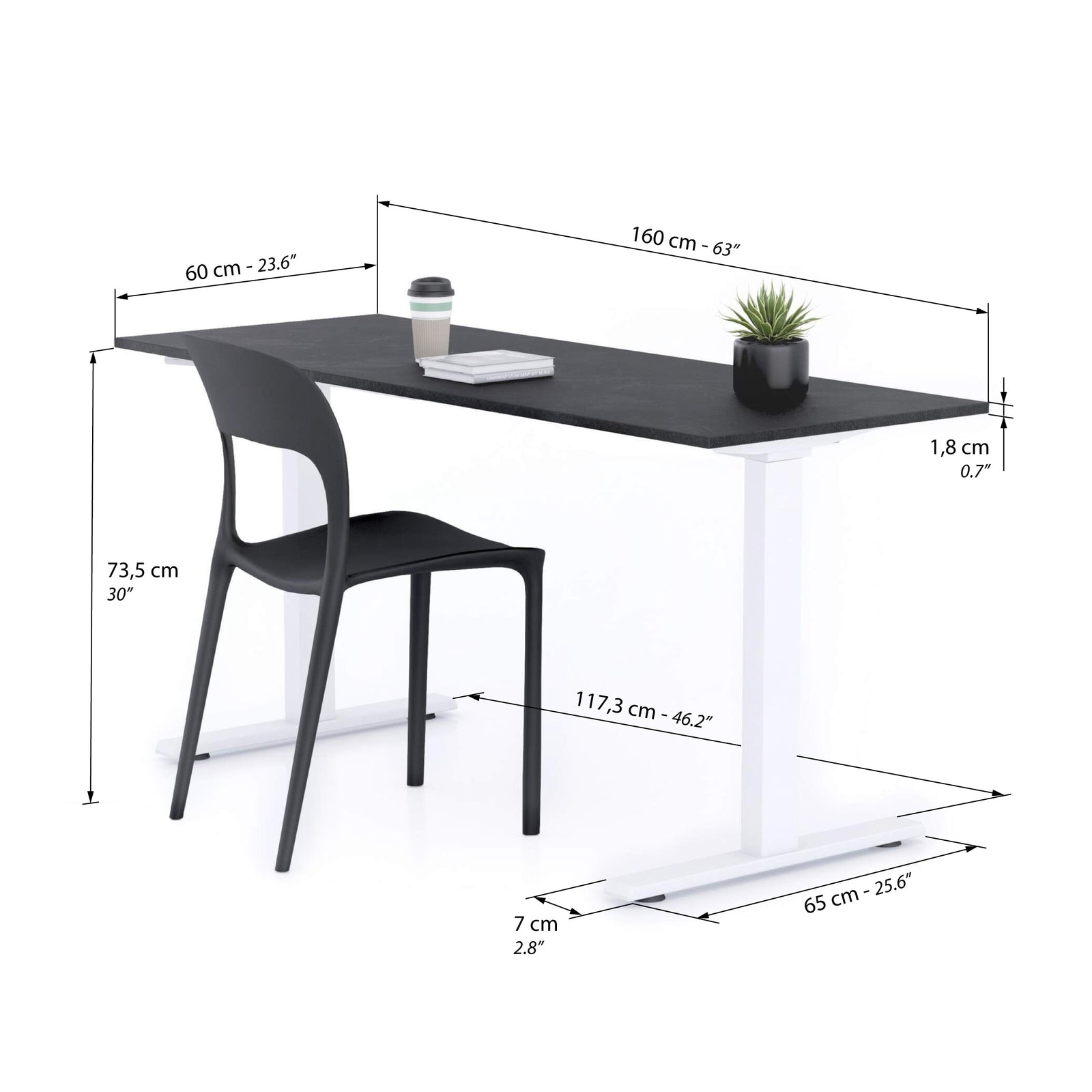 Birou Fix Clara 160x60 Negru Ciment cu Picioare Albe - Immagine tecnica 1