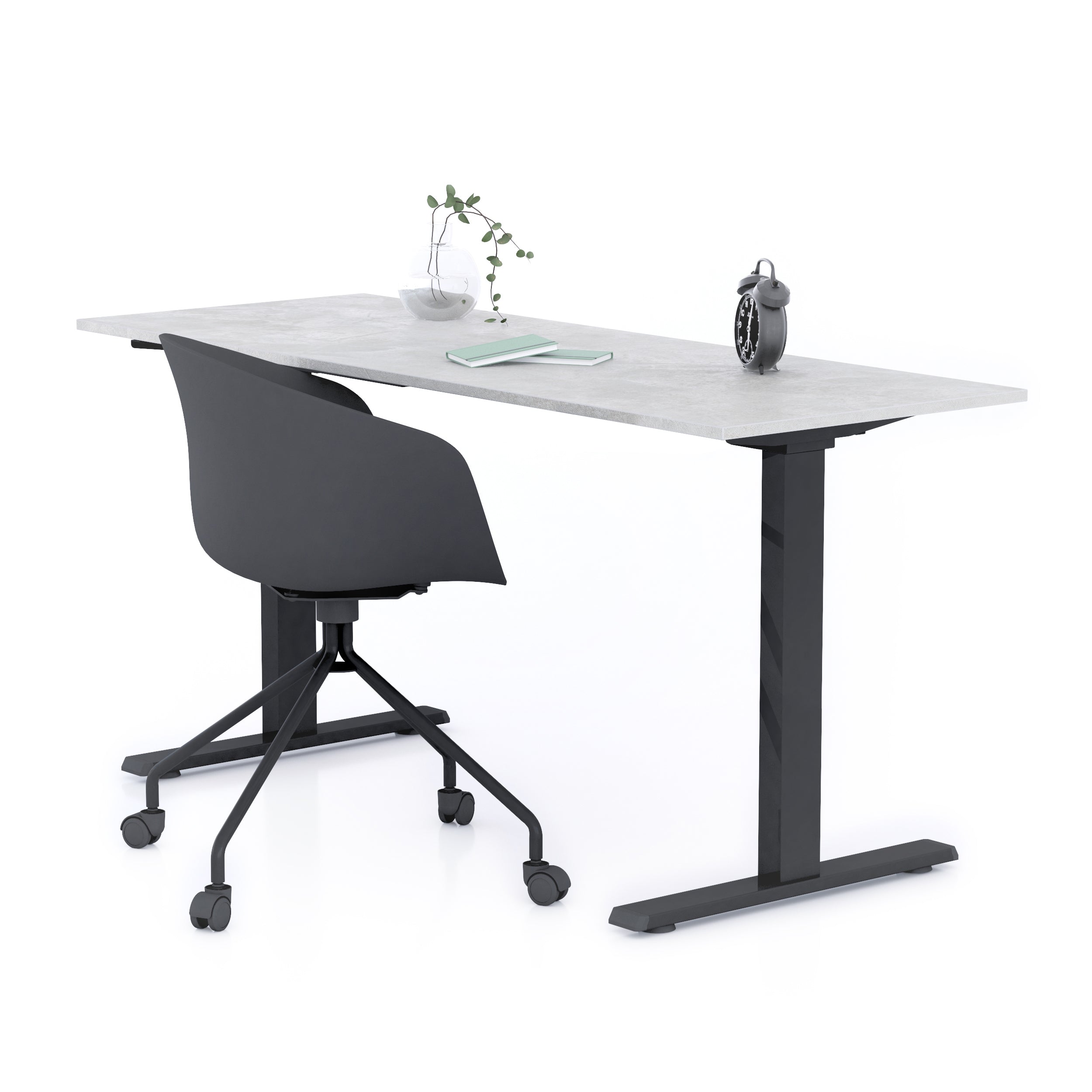 Bureau Clara 160x60, Gris Béton, avec Pieds Fixes Noirs