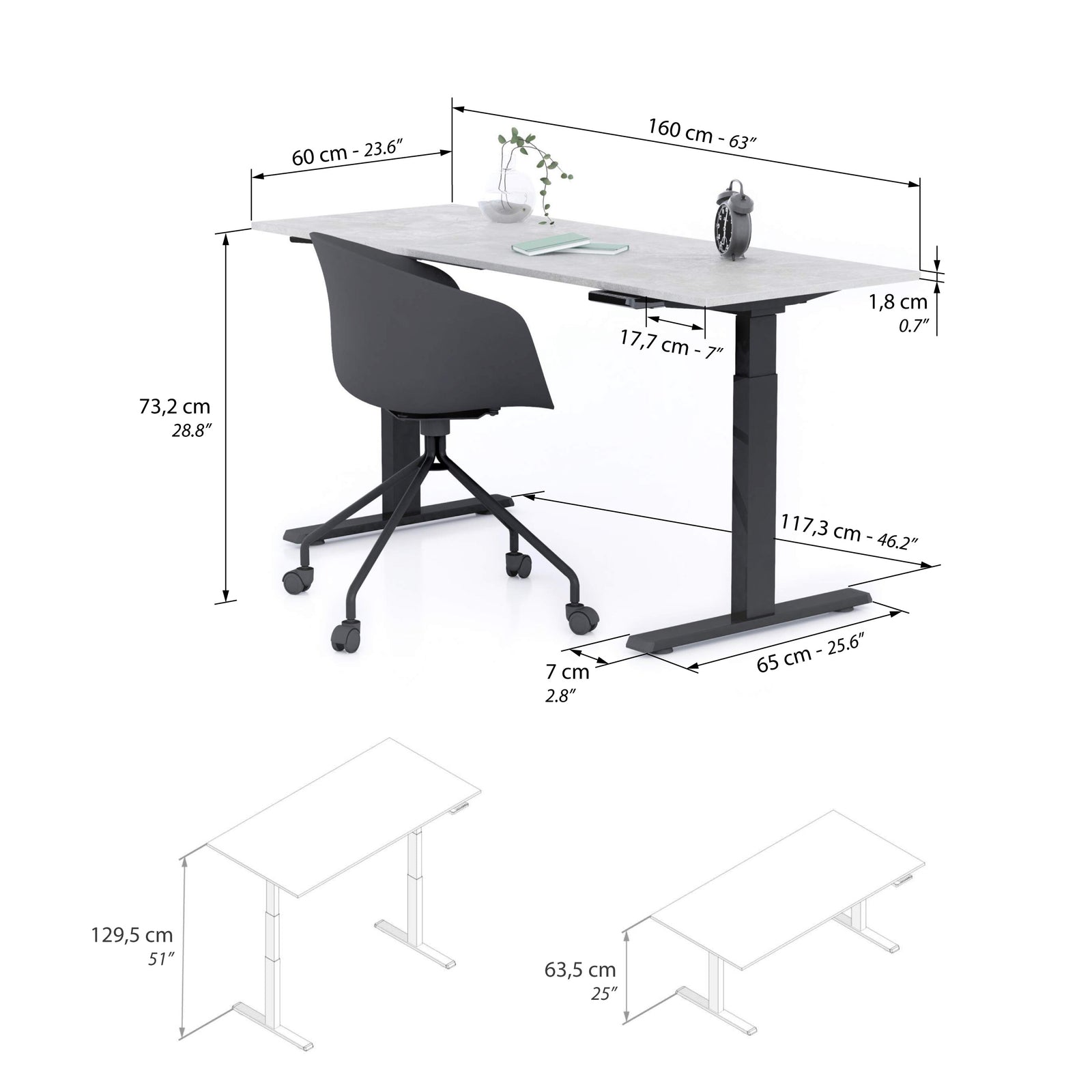Clara Electric Standing Desk 160x60 Concrete Effect, Grey with Black Legs - Immagine tecnica 1