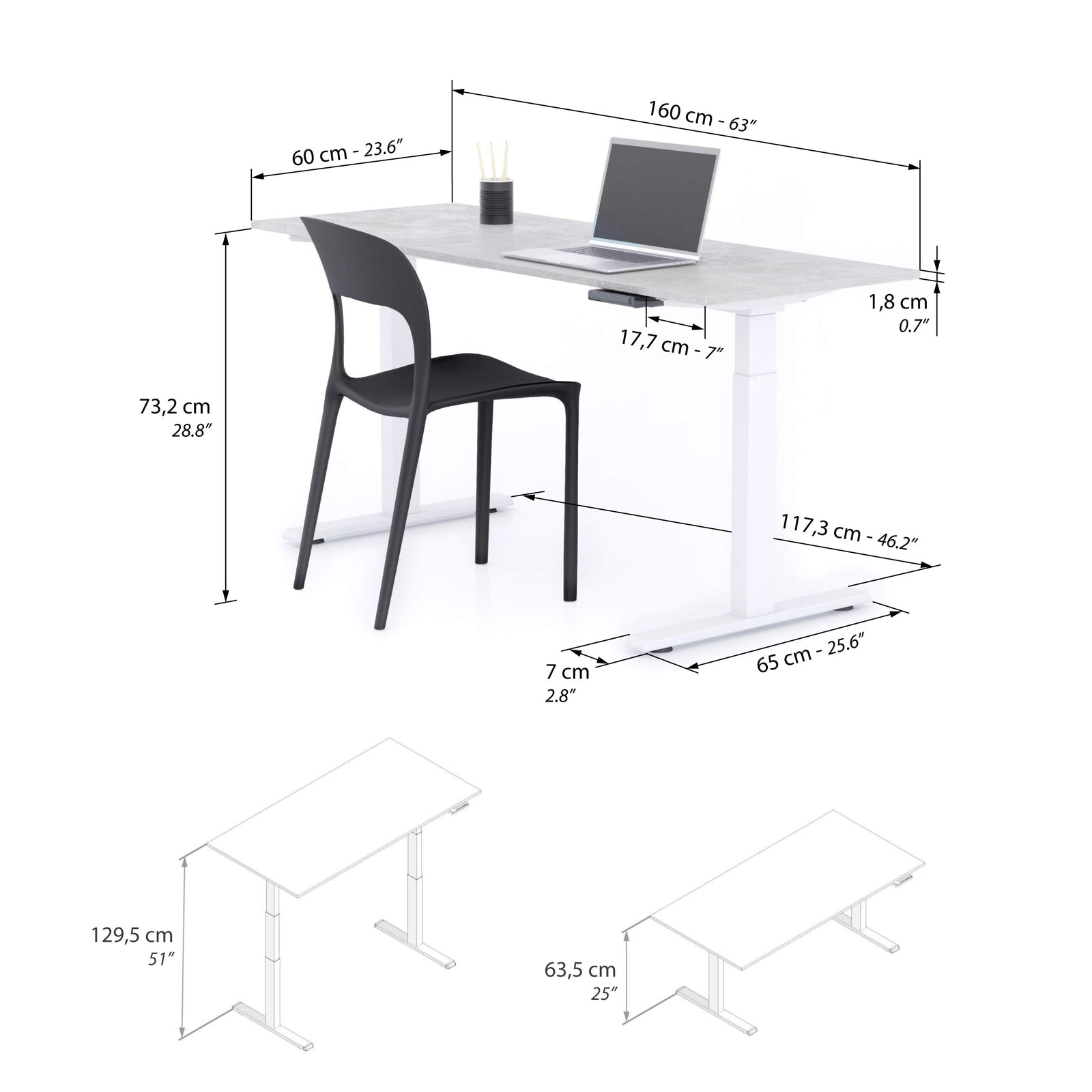 Bureau assis/debout Clara 160x60 Gris Béton avec pieds blancs - Immagine tecnica 1
