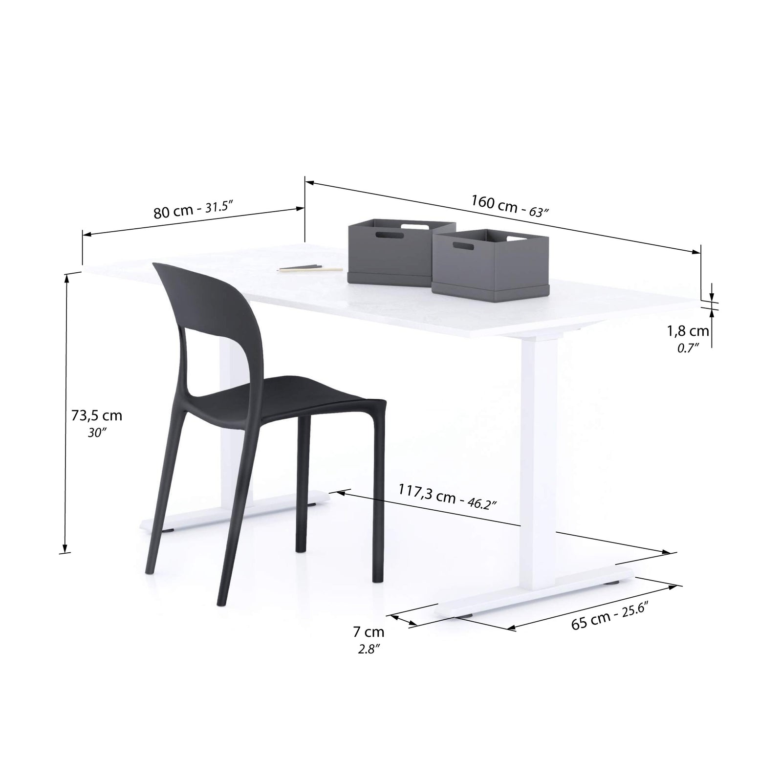 Clara Fixed Height Desk 160x80 Concrete Effect, White with White Legs - Immagine tecnica 1