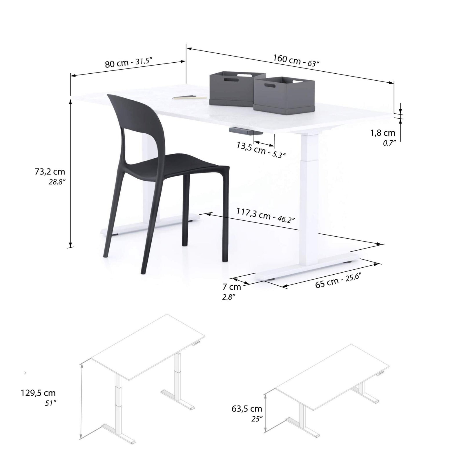 Scrivania Regolabile Clara 160x80 Bianco Cemento con Gambe Bianche - Immagine tecnica 1