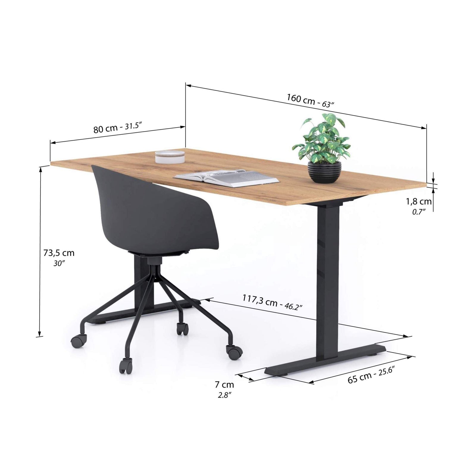 Bureau Clara 160x80, Bois Rustique, avec Pieds Fixes Noirs - Immagine tecnica 1