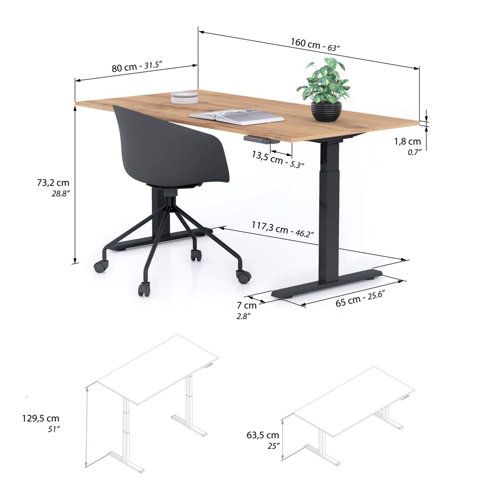 Scrivania Regolabile Clara 160x80 Rovere Rustico con Gambe Nere - Immagine tecnica 1