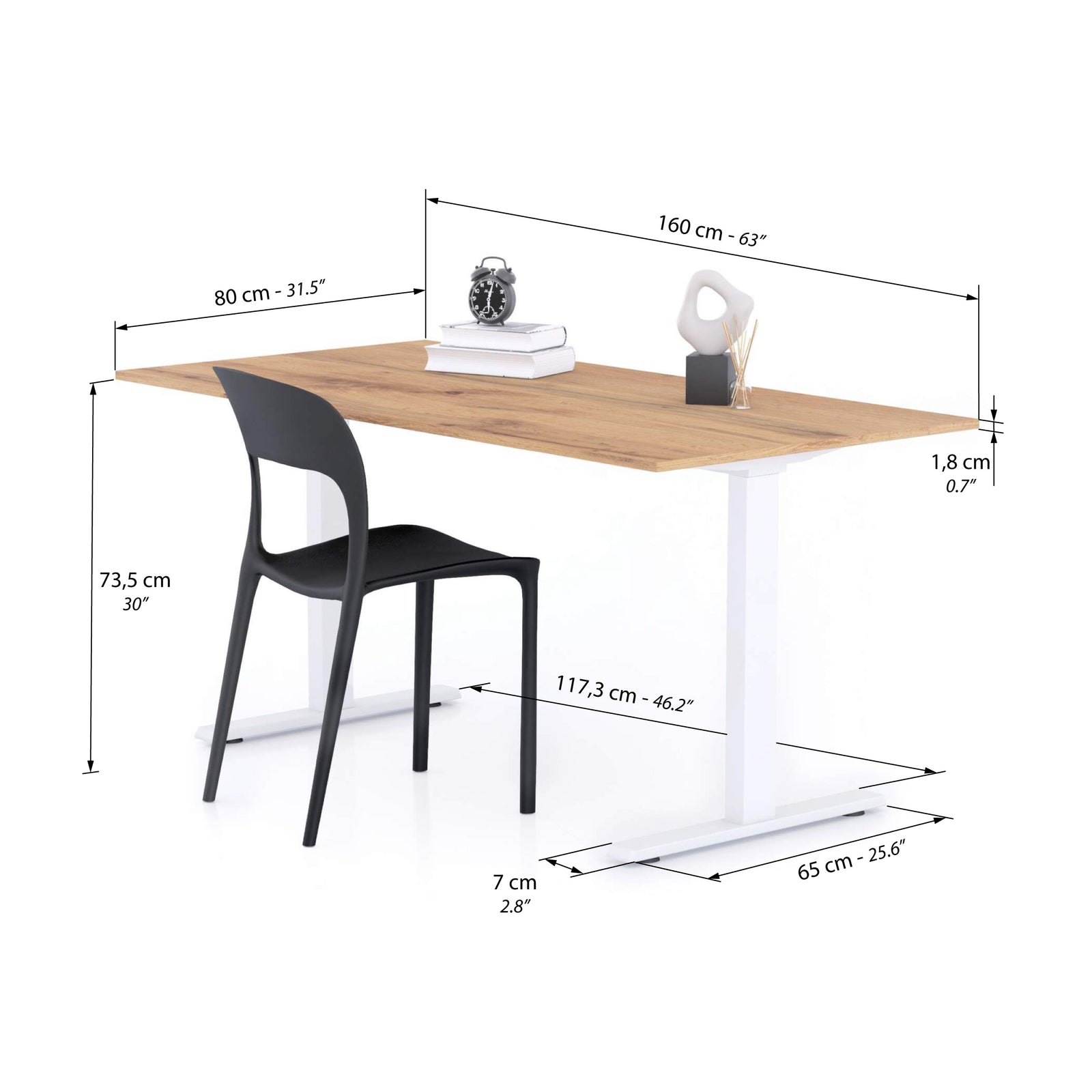 Scrivania Fissa Clara 160x80 Rovere Rustico con Gambe Bianche - Immagine tecnica 1