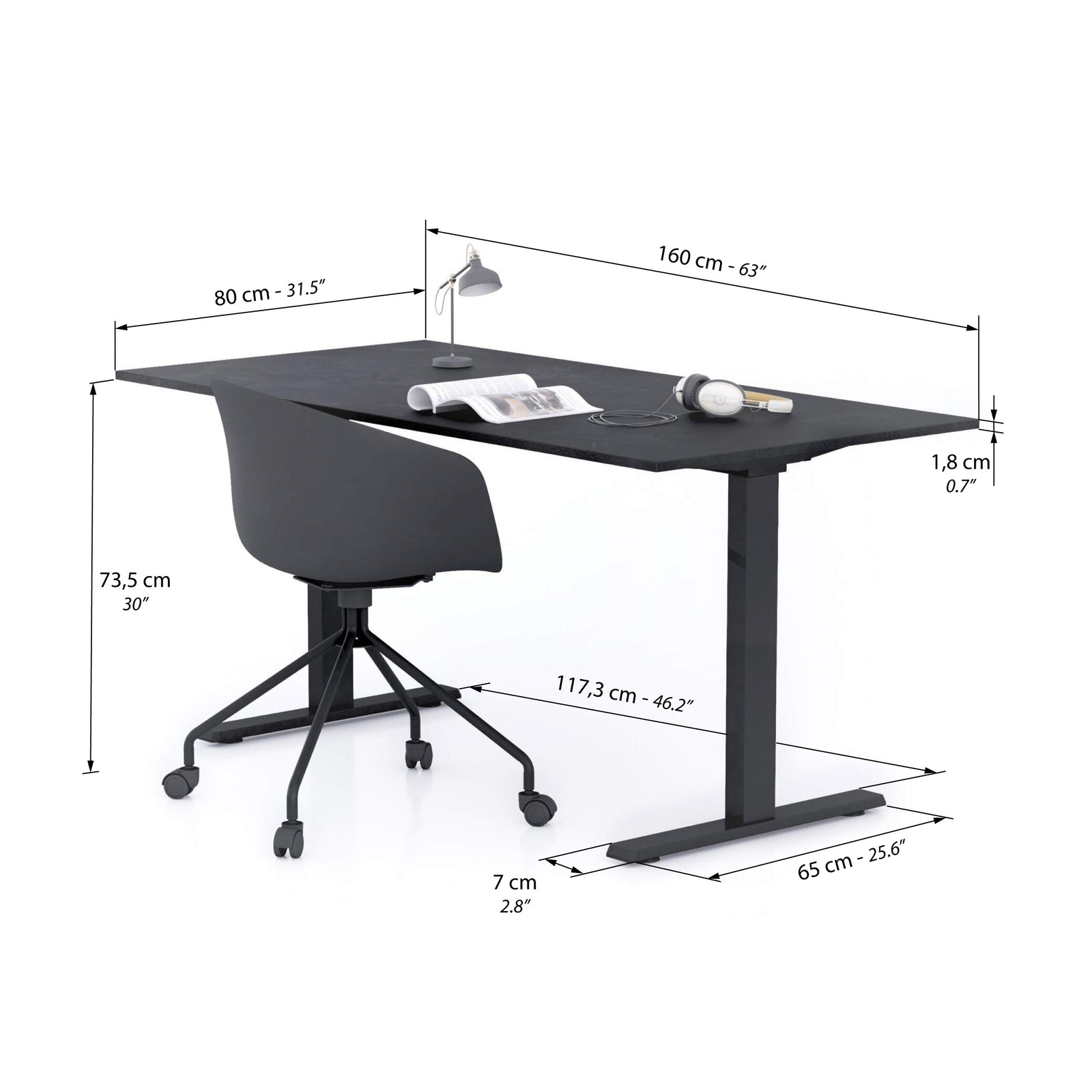 Bureau Clara 160x80, Noir Béton, avec Pieds Fixes Noirs - Immagine tecnica 1