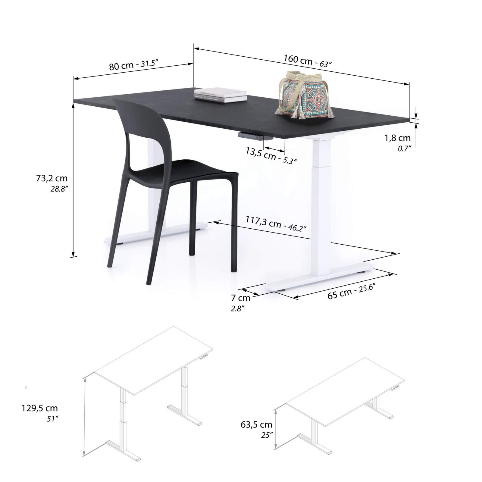 Scrivania Regolabile Clara 160x80 Nero Cemento con Gambe Bianche - Immagine tecnica 1