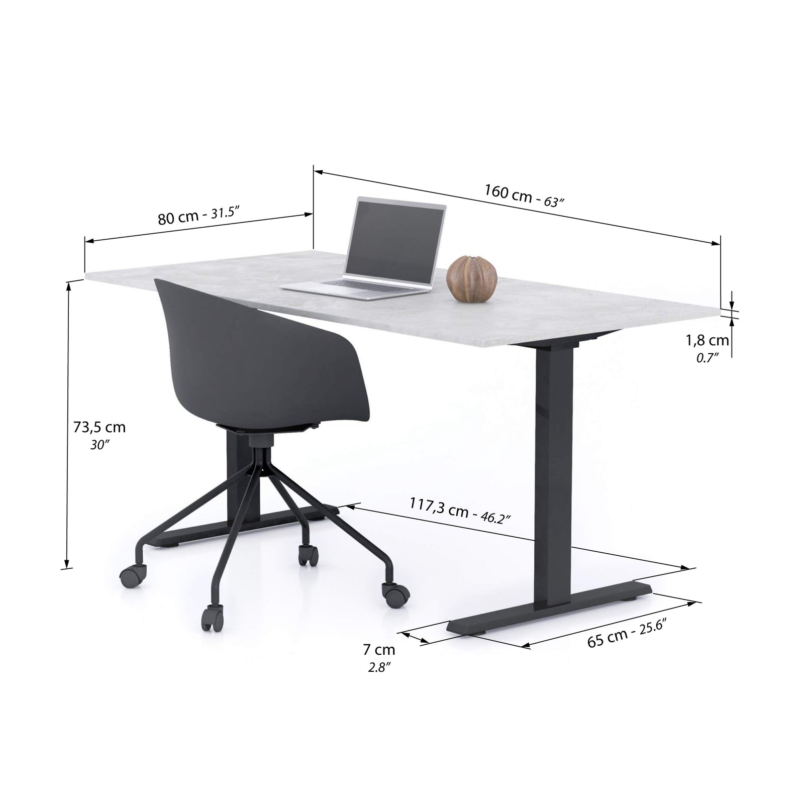Clara Fixed Height Desk 160x80 Concrete Effect, Grey with Black Legs - Immagine tecnica 1