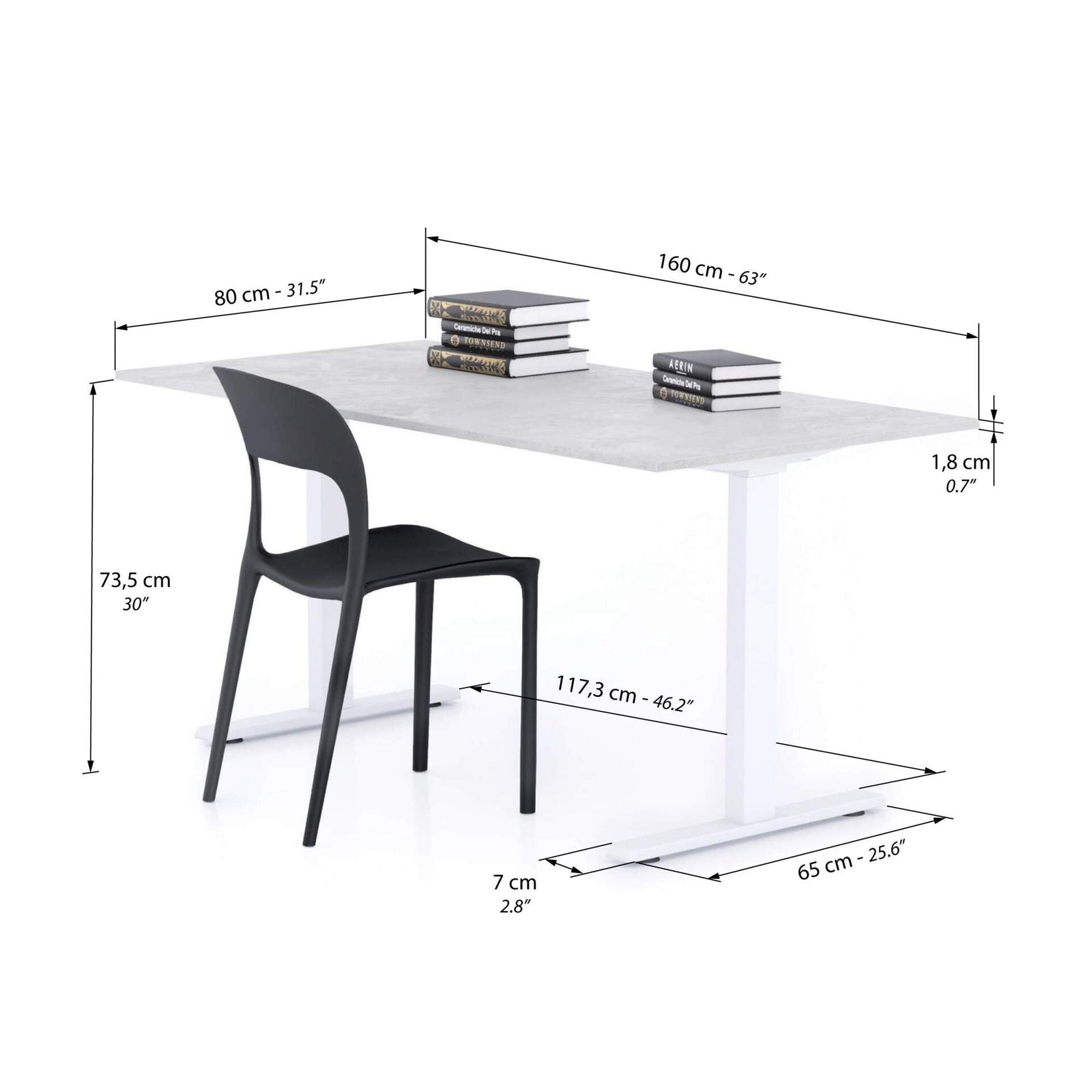 Secretária Clara 160x80 Cimento Cinza com Pernas Brancas - Immagine tecnica 1