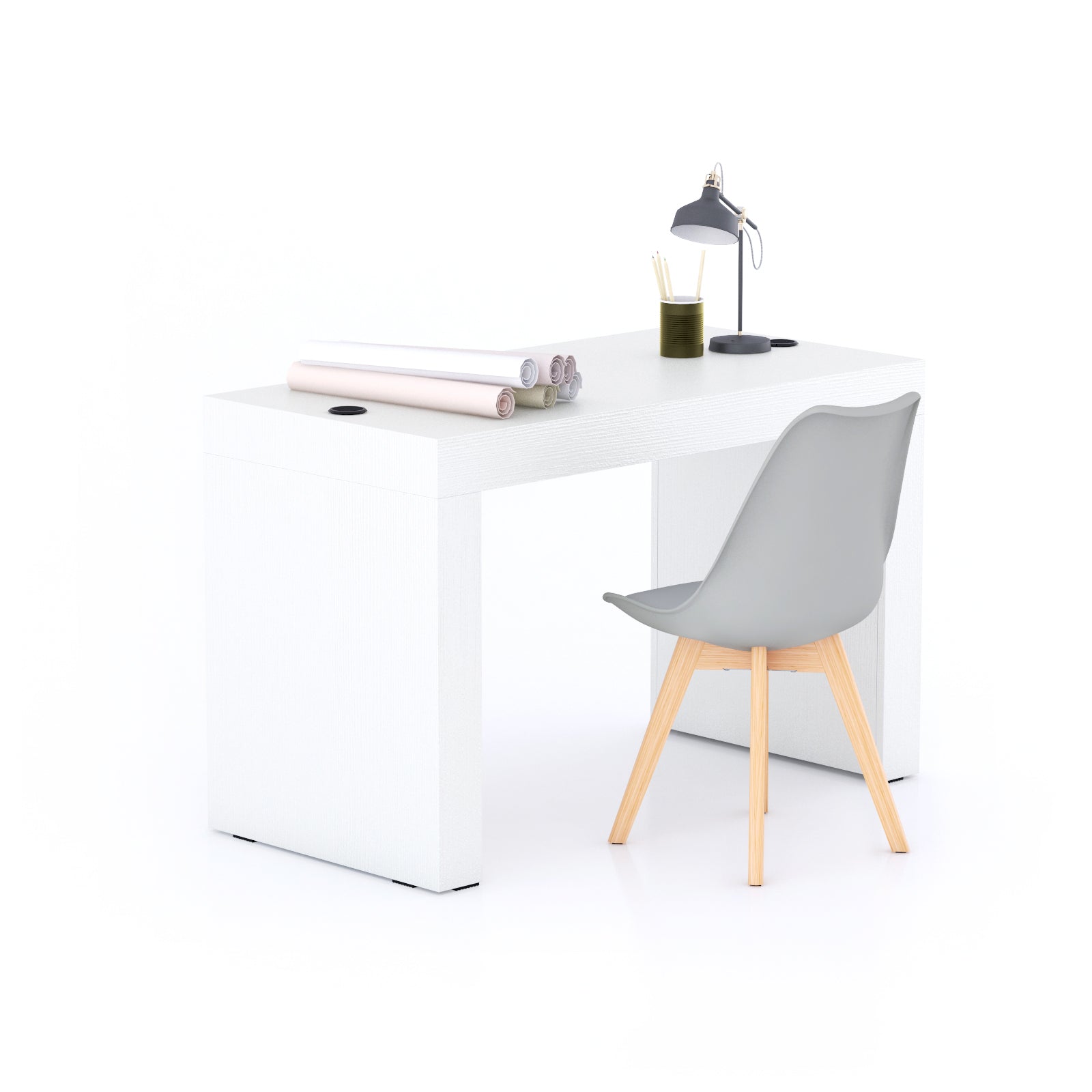 Scrivania Evolution 120x60, Bianco Frassino con Due Gambe e Caricatore Wireless