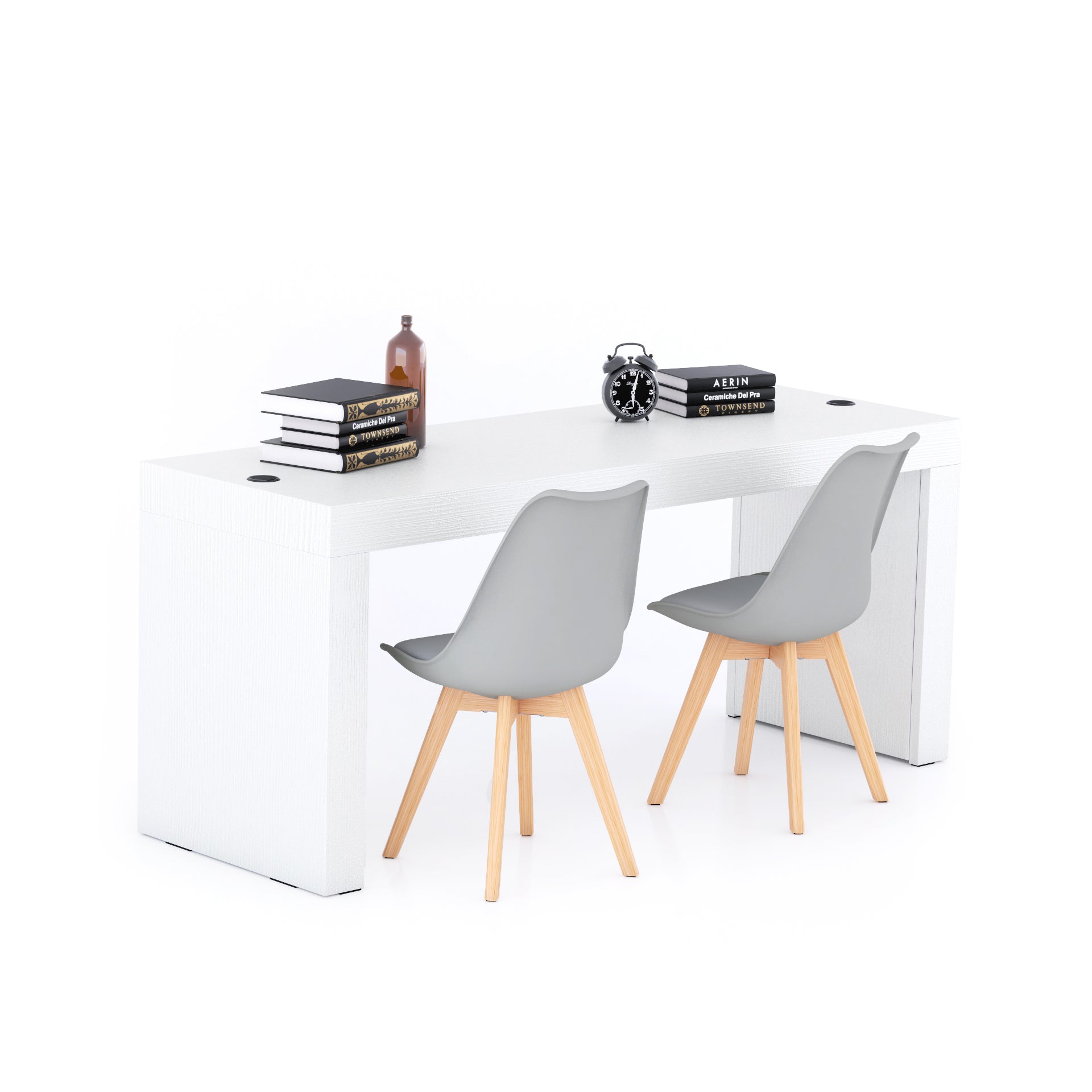 Scrivania Evolution 180x60, Bianco Frassino con Due Gambe e Caricatore Wireless