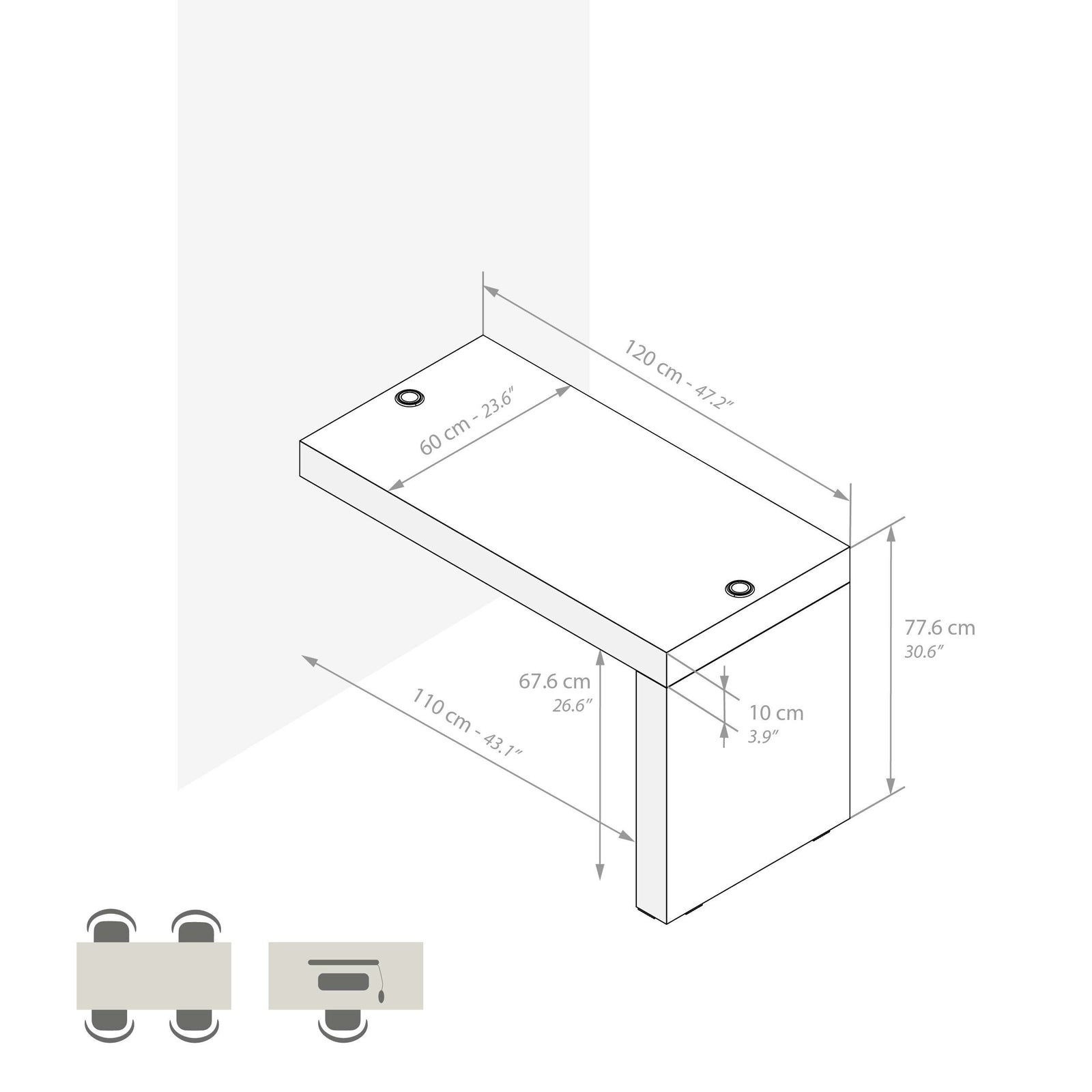 Evolution Desk 47.2 x 23.6 in, with Wireless Charger, Ashwood White with One Leg - Immagine tecnica 1