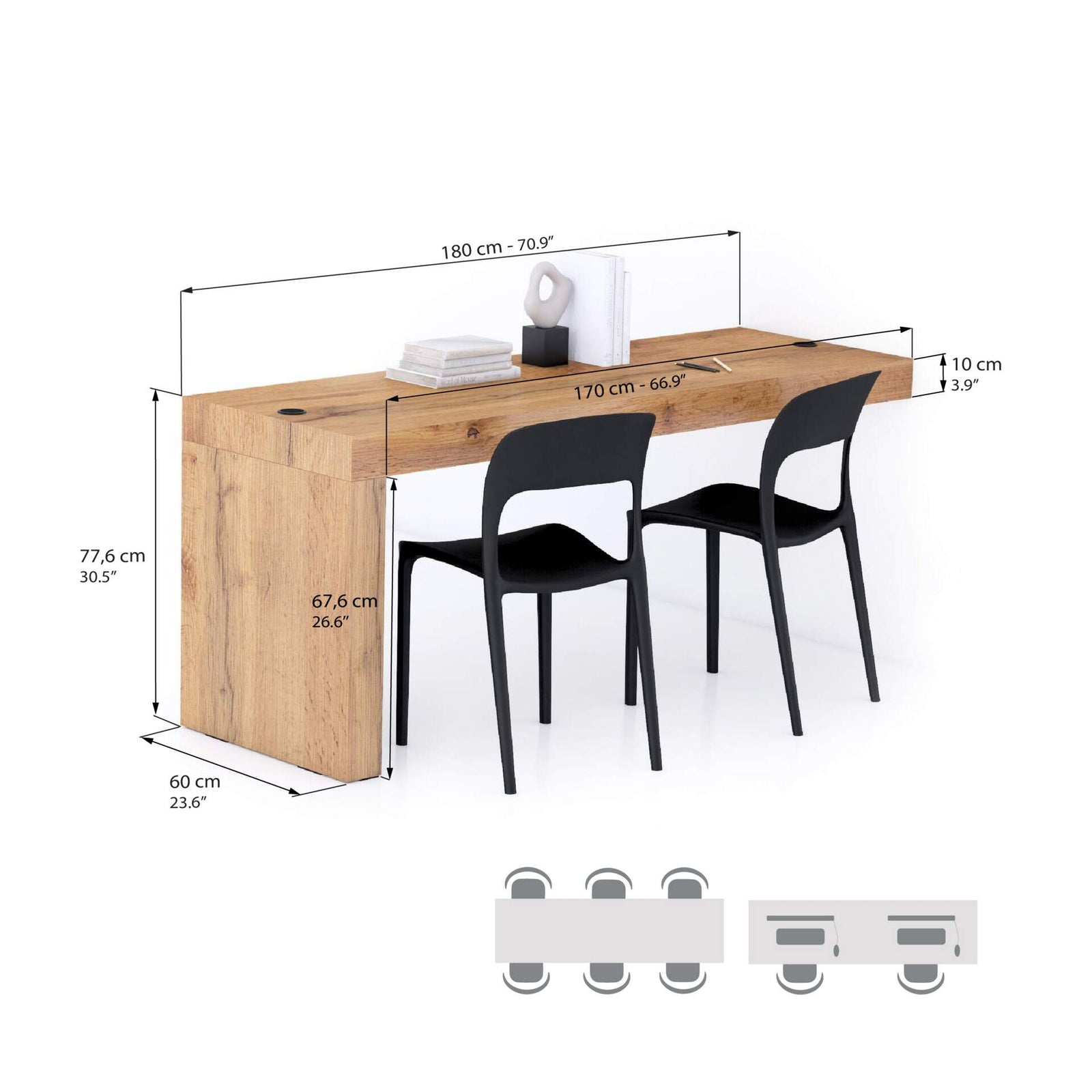 Scrivania Evolution 180x60, Rovere Rustico con Una Gamba e Caricatore Wireless - Immagine tecnica 1