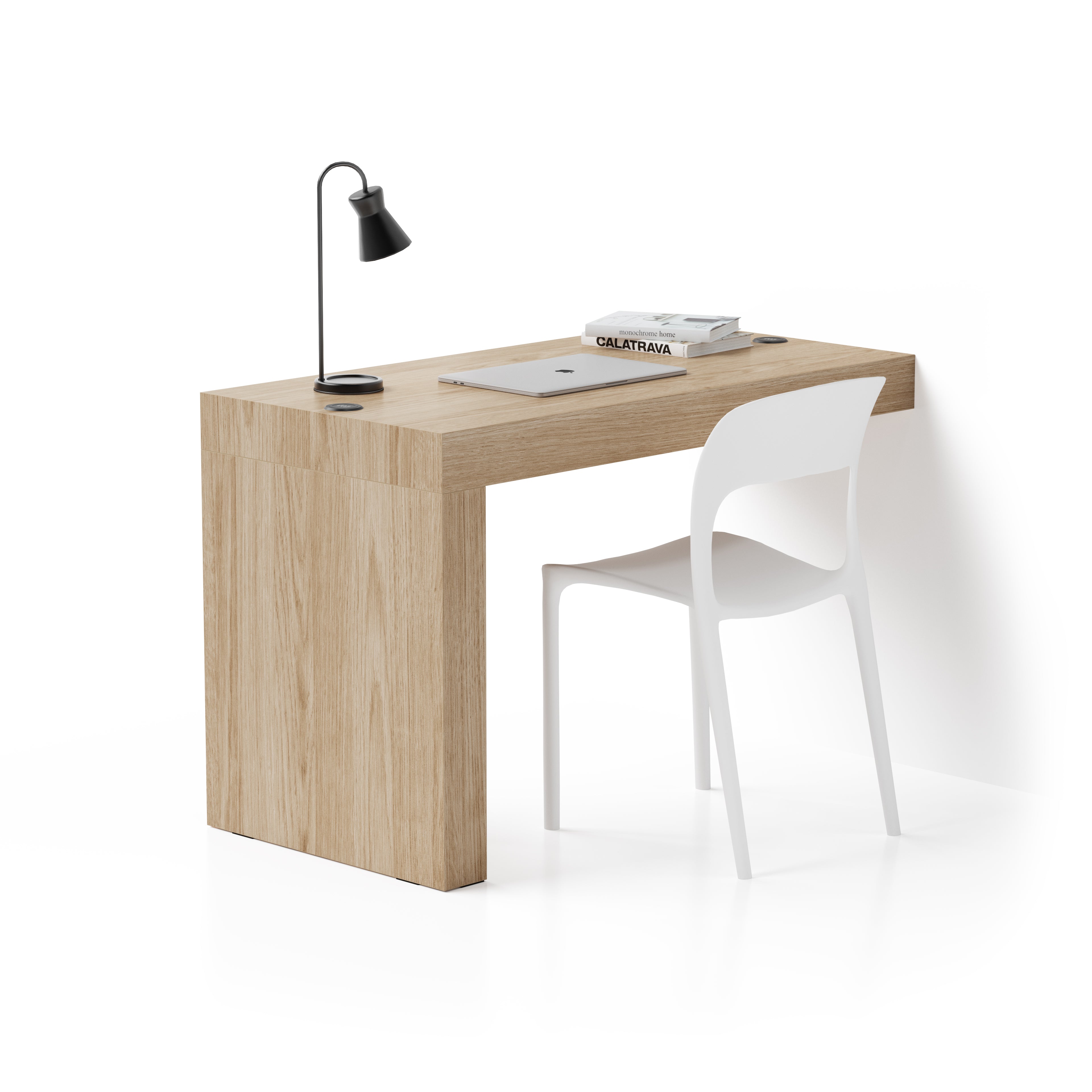 Scrivania Evolution 120x60, Rovere Naturale con Una Gamba e Caricatore Wireless