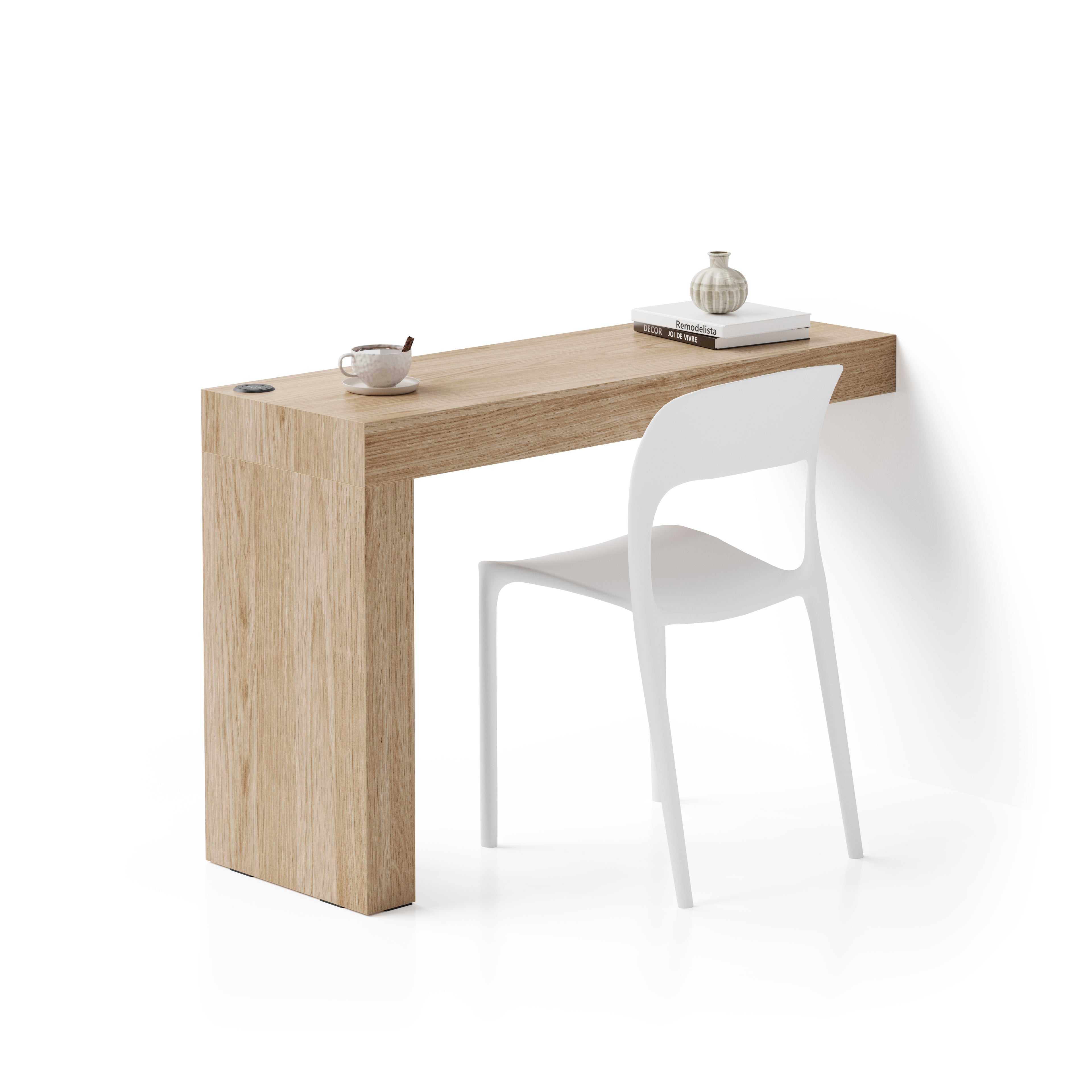 Scrivania Evolution 120x40, Rovere Naturale con Una Gamba e Caricatore Wireless