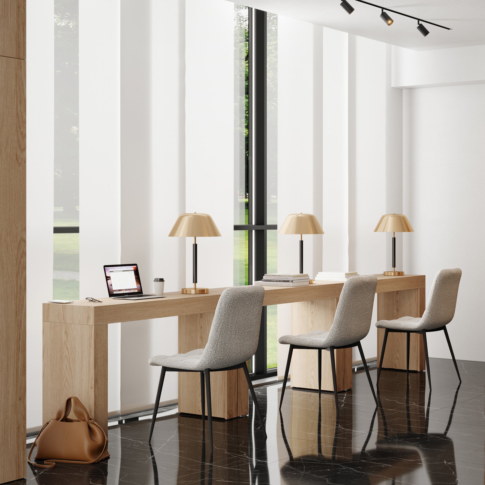Scrivania Evolution 120x40, Rovere Naturale con Due Gambe e Caricatore Wireless - Immagine ambientata 1