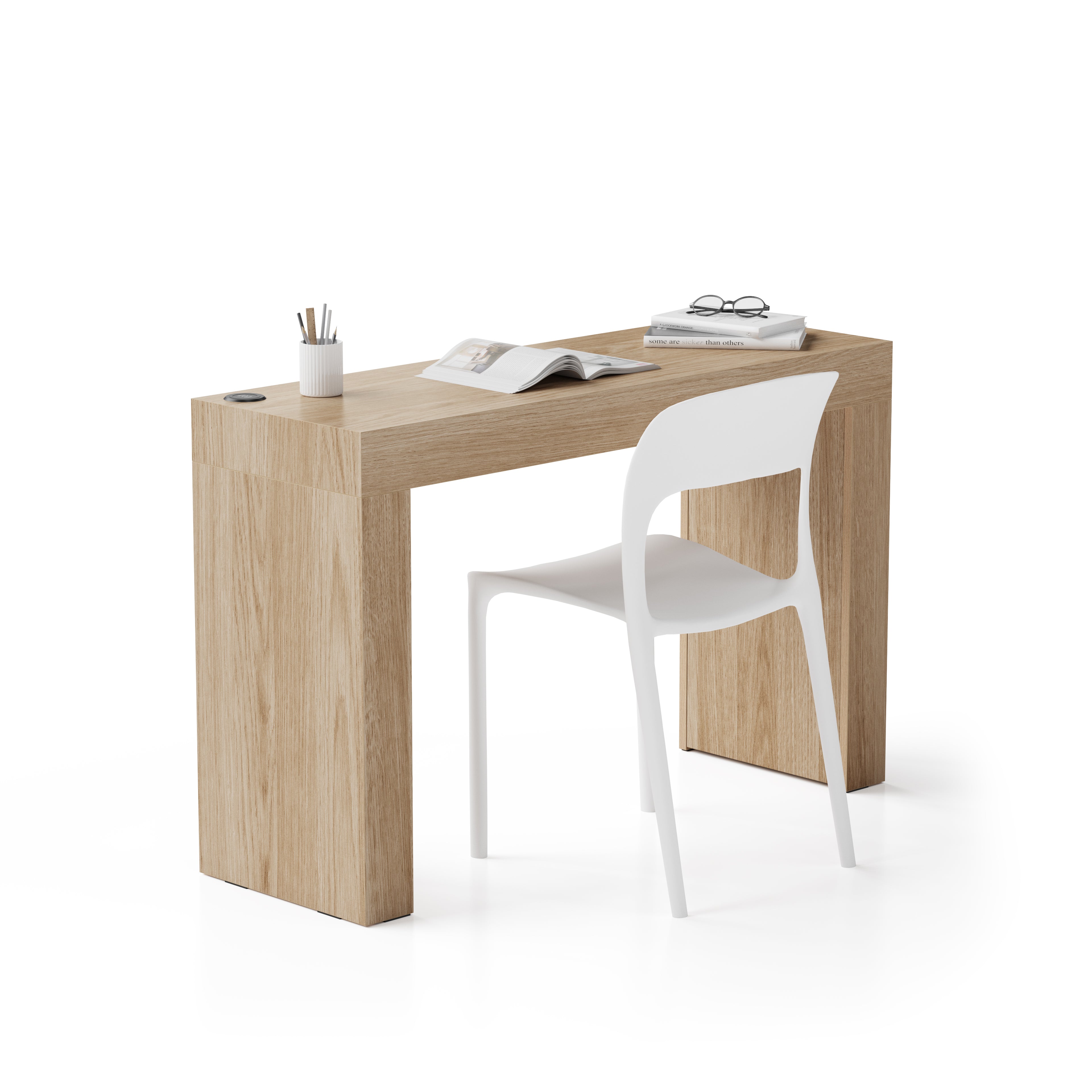 Scrivania Evolution 120x40, Rovere Naturale con Due Gambe e Caricatore Wireless