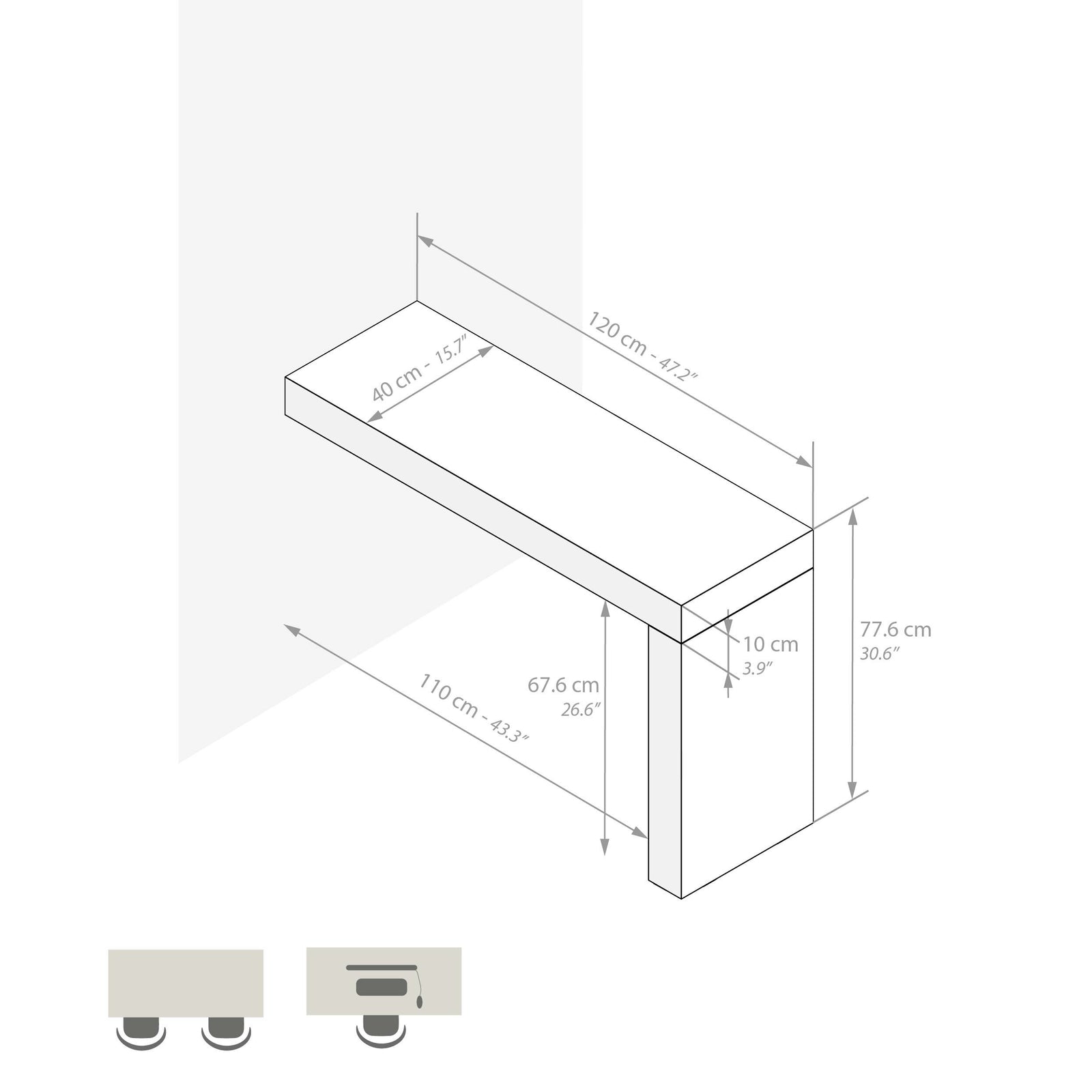 Table de bureau Evolution 120x40, Bois Rustique avec 1 pied - Immagine tecnica 1